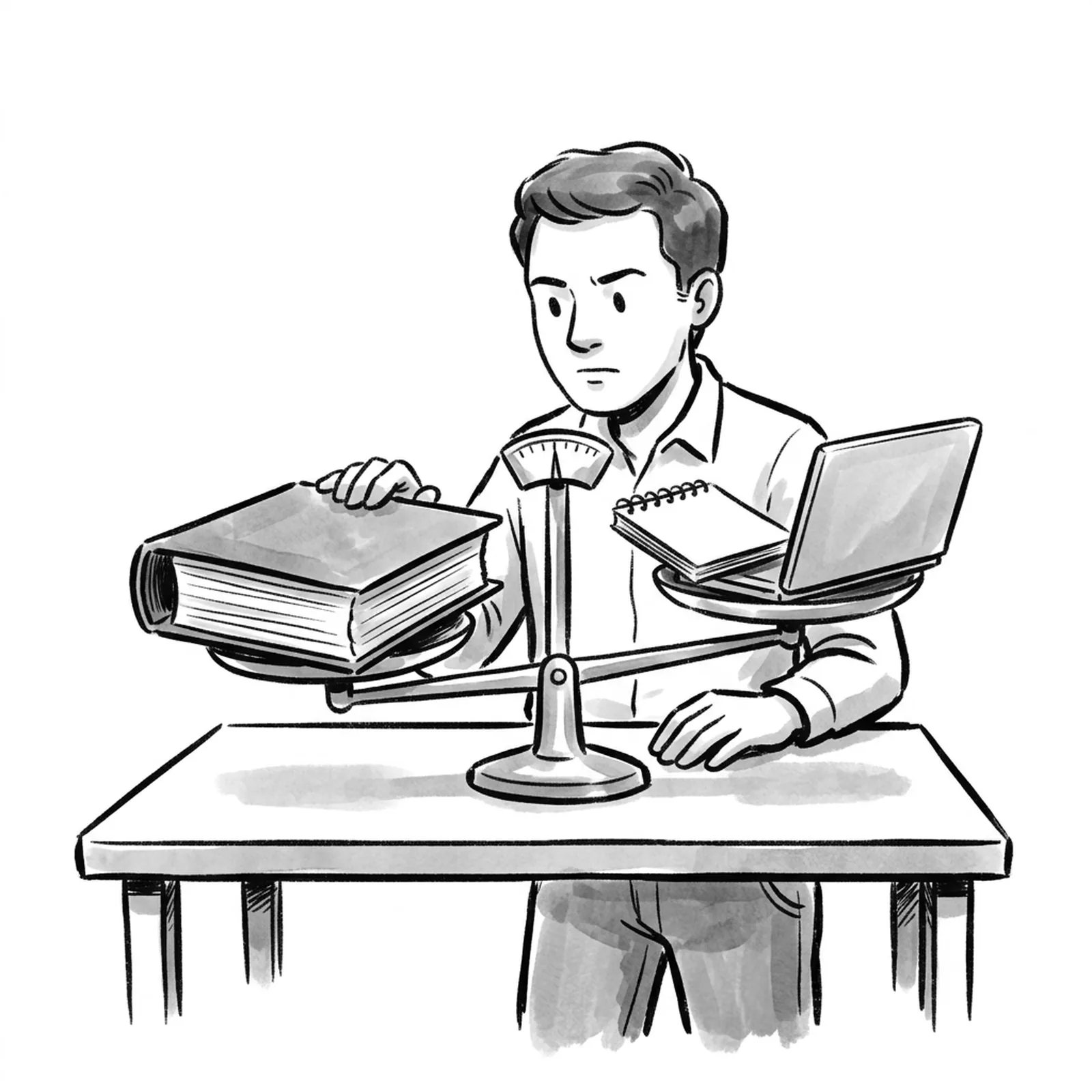 A product manager at a desk weighing a heavy annual membership binder against a slim notebook and a laptop showing a practice interview