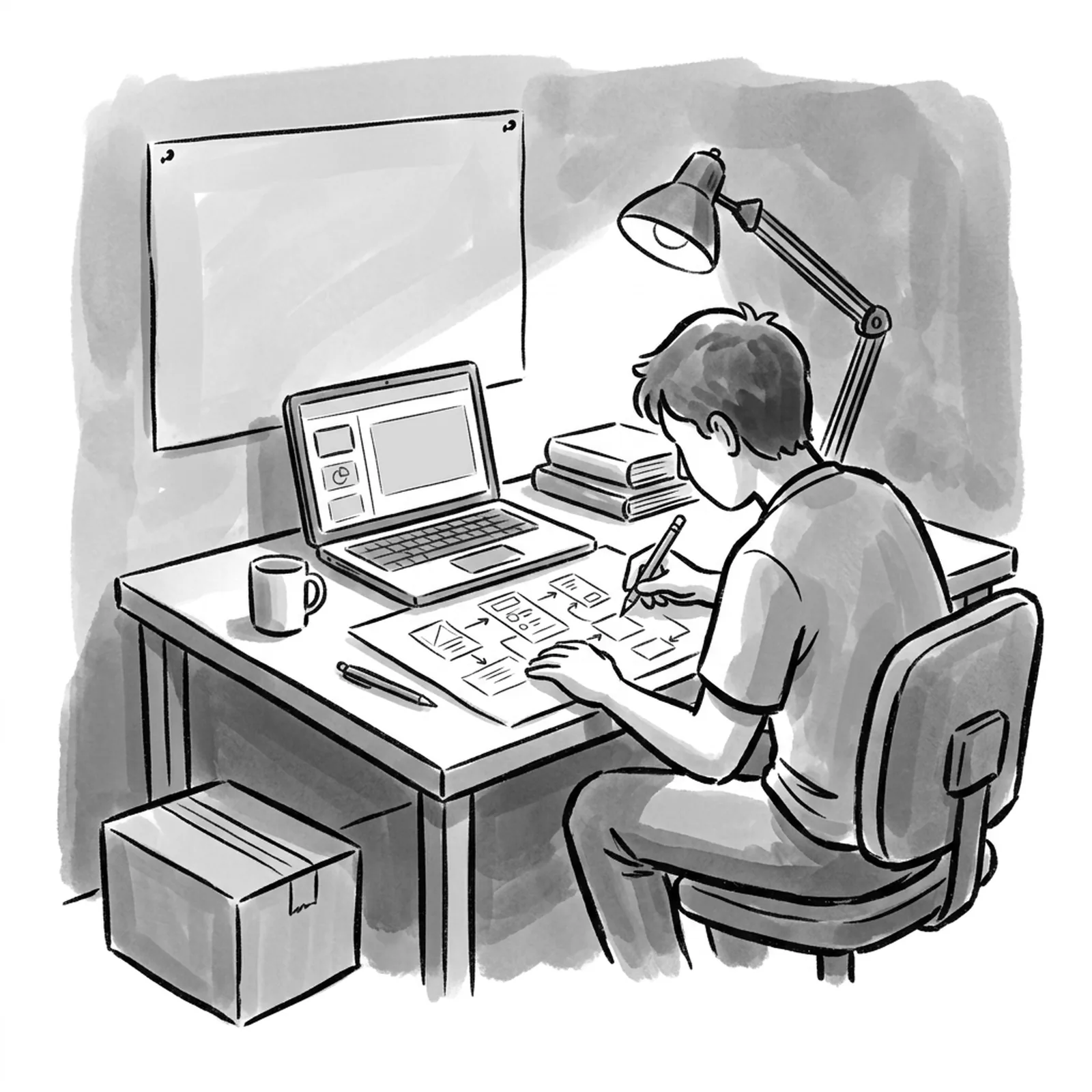 A final-year engineering student at a hostel desk sketches a phone app flow on paper beside a laptop showing slides, with a cardboard delivery box and a placement notice pinned to the wall