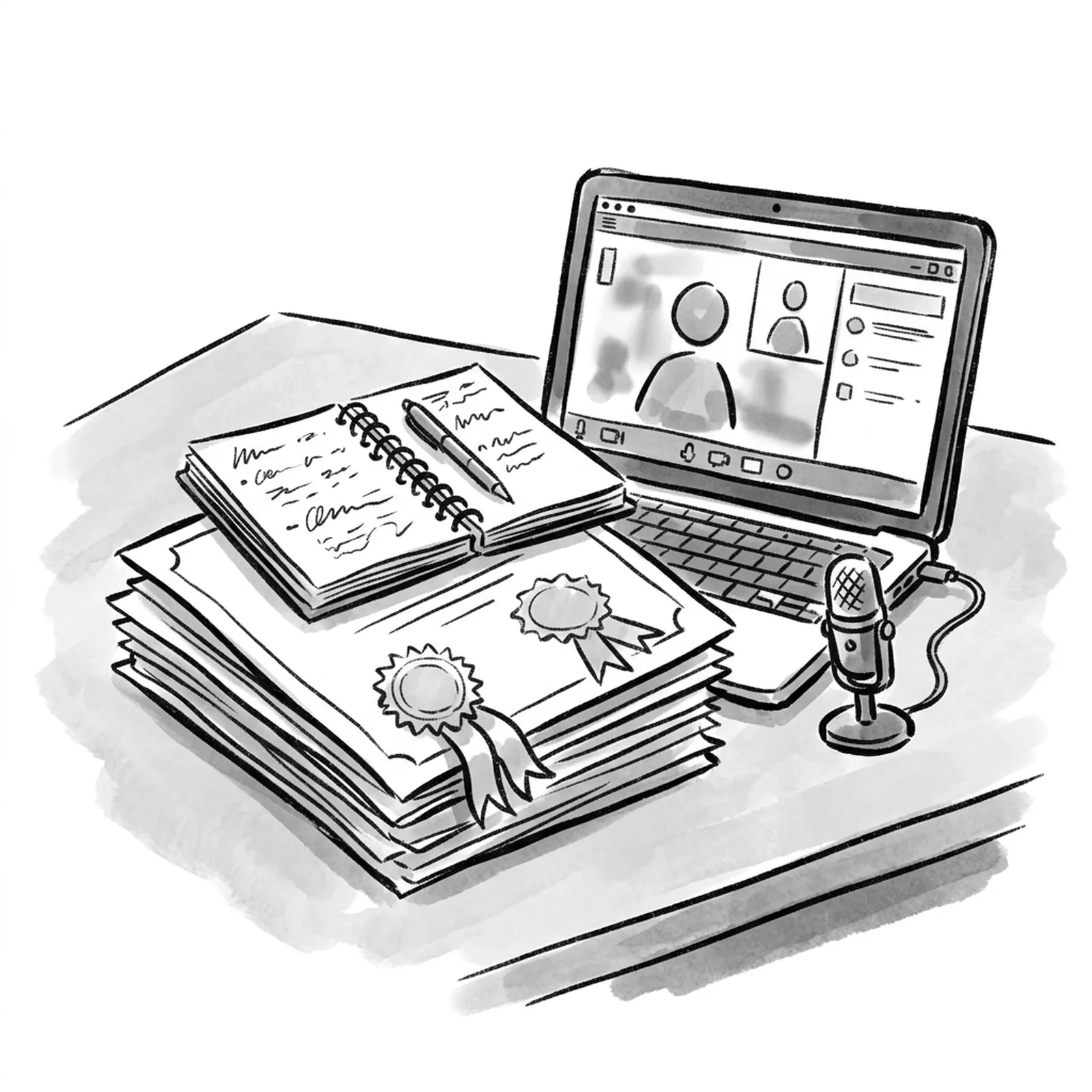 Three stacked paper certificates with blank ribbons beside an open laptop showing a practice interview and a notebook of product notes