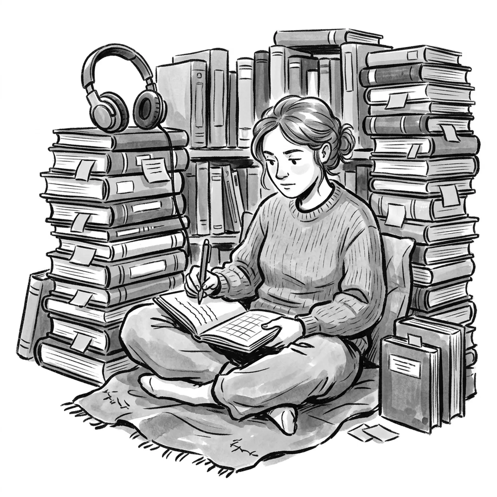 A product manager curled up in a reading nook between tall stacks of books bristling with paper bookmarks, a pair of headphones resting on the nearest stack and a notebook open on her knee
