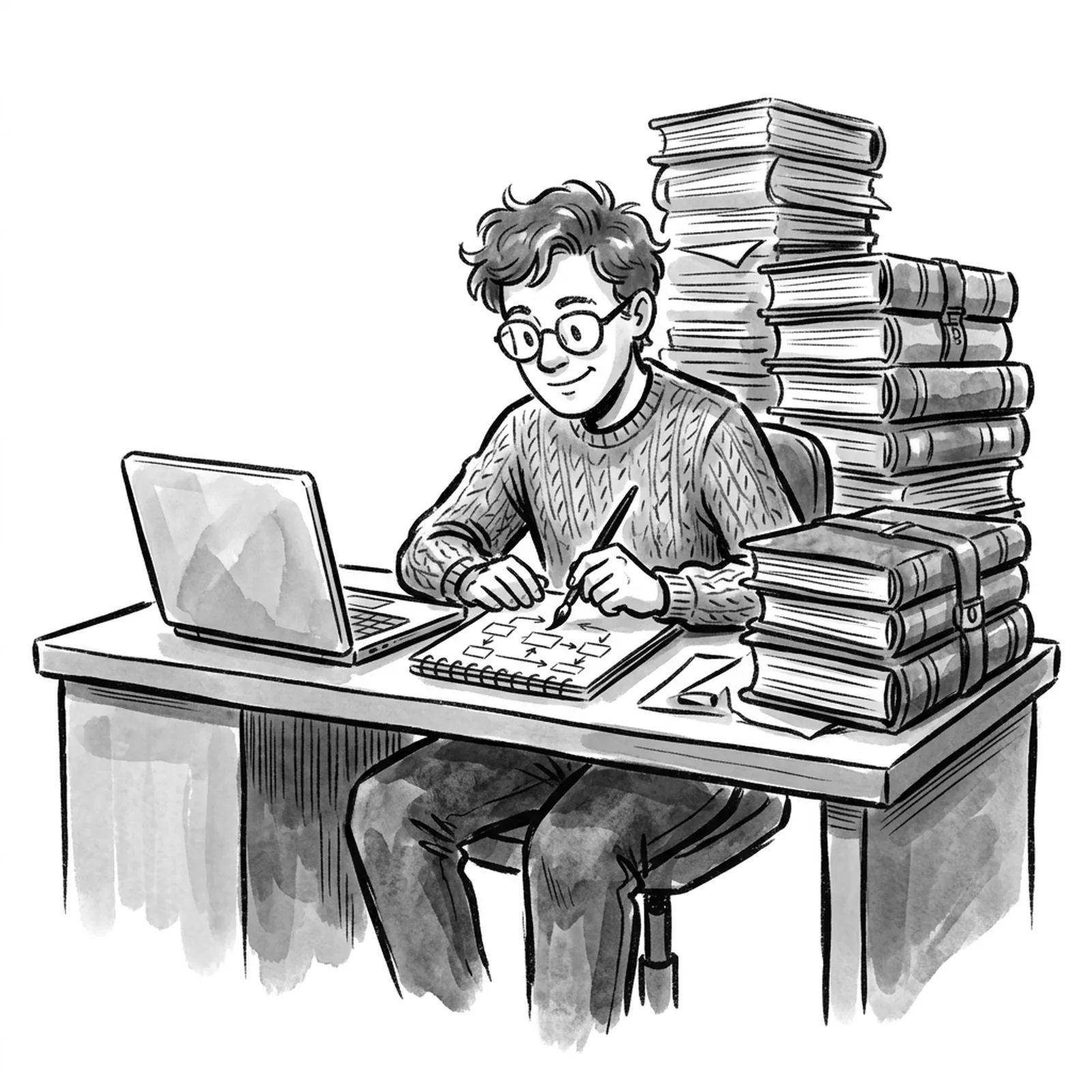 A product manager at a desk beside tall stacks of bound legal documents, sketching a document search flow on a notepad next to an open laptop