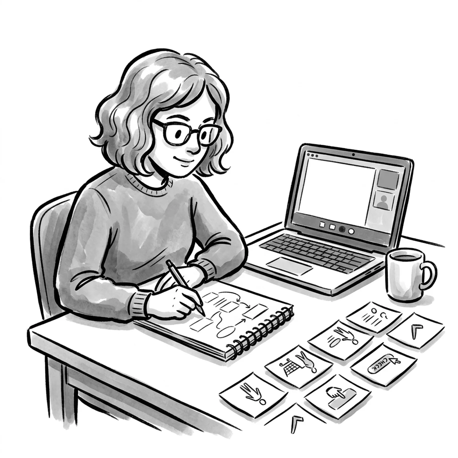 A candidate at a small desk sketching a user journey on a notepad beside a laptop showing a blank video call, with sticky notes of story outlines along the desk edge