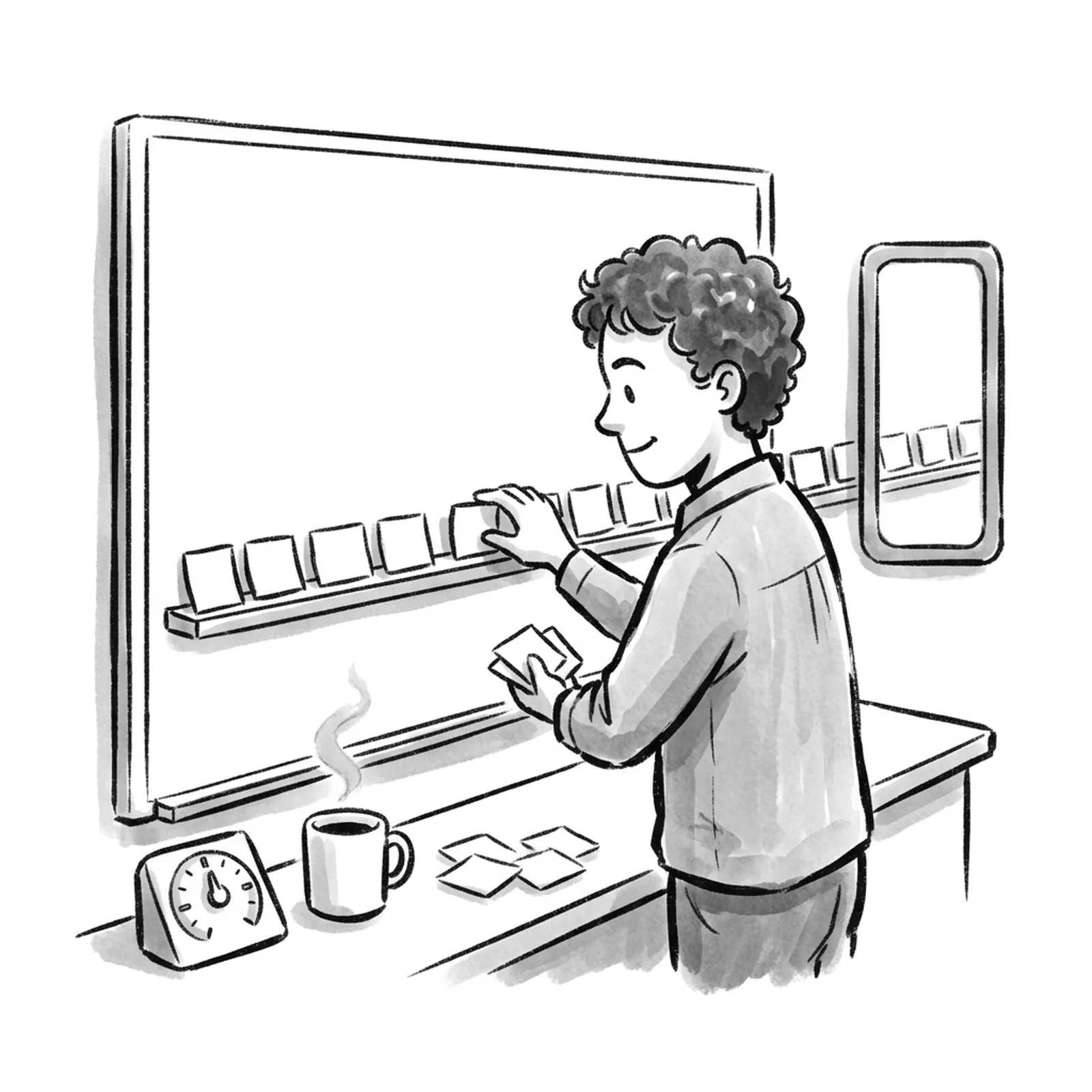 A product manager at a whiteboard lays out a long row of small paper tiles, each tile one word fragment, while a narrow window frame on the wall shows only part of the row