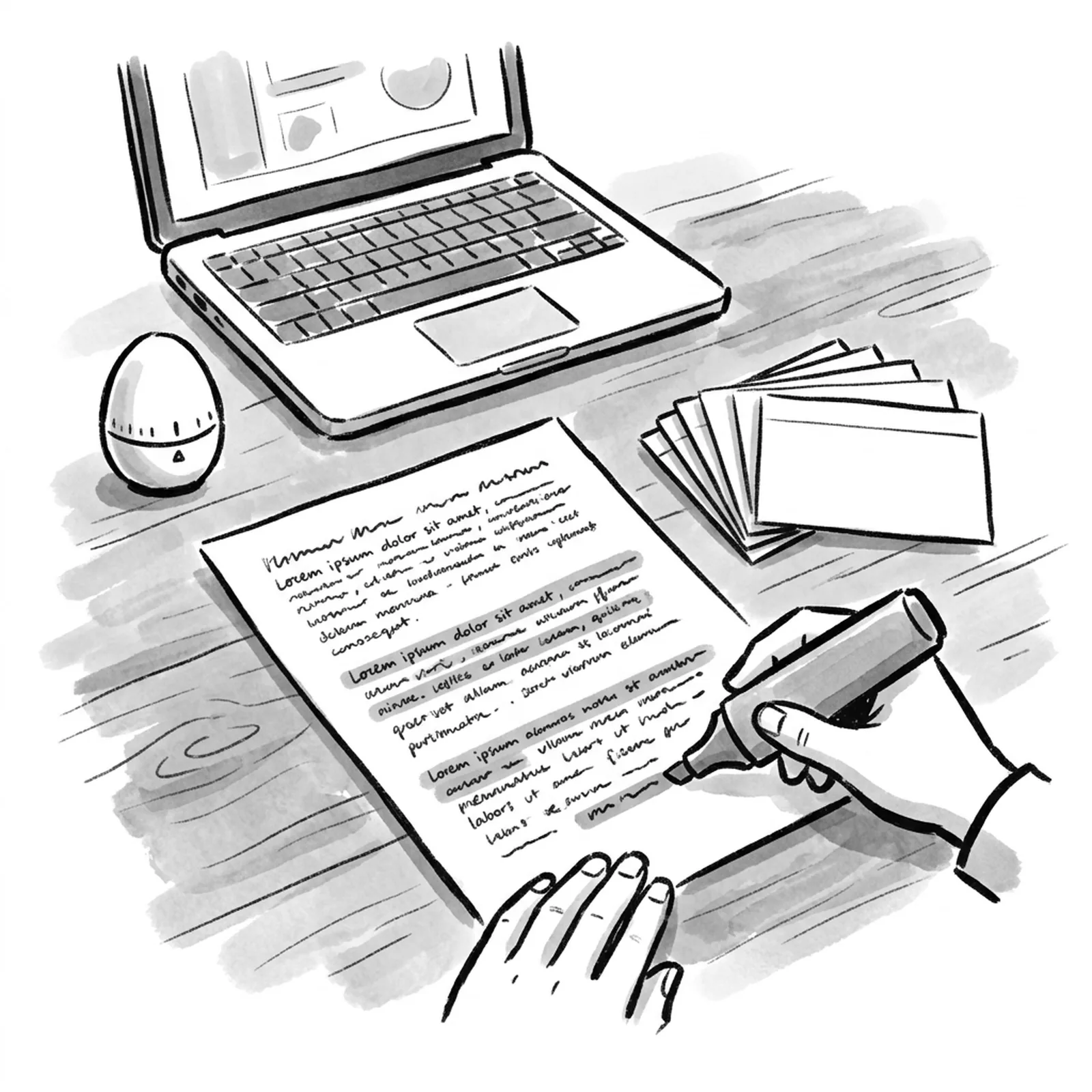 A printed job description on a desk with lines highlighted in three colours, index cards of interview questions fanned out beside it and a laptop open to a practice interview
