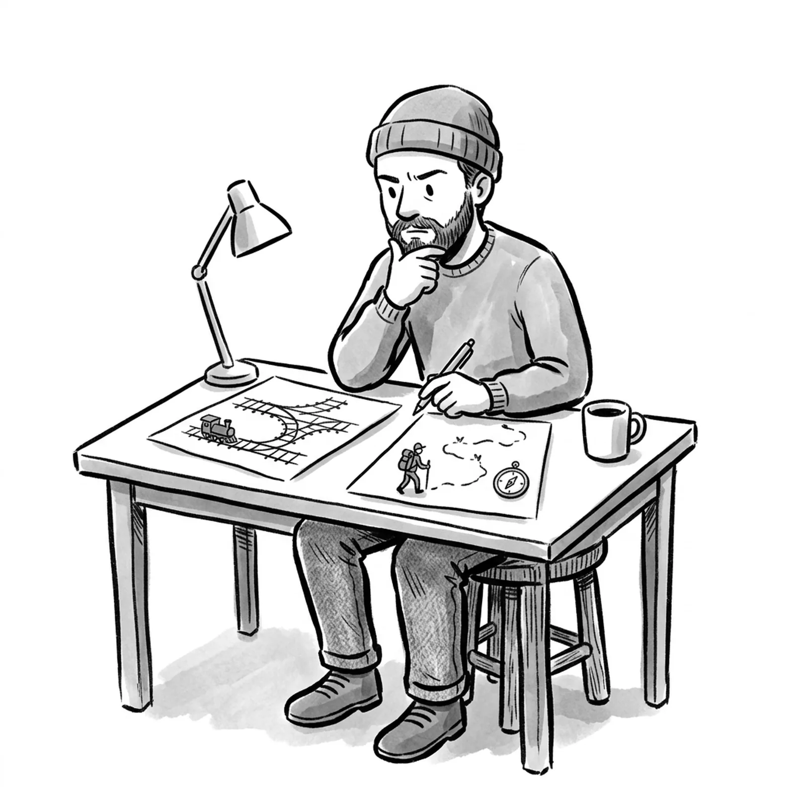 A product manager at a desk choosing between two paths drawn on paper, a neat train track with fixed switches on one sheet and a small explorer with a compass on a winding trail on the other