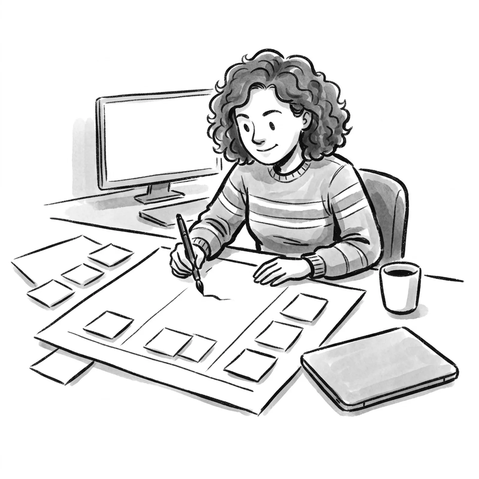 A candidate at a desk sketching a launch plan on a large sheet of paper, sticky notes arranged in lanes around a closed laptop
