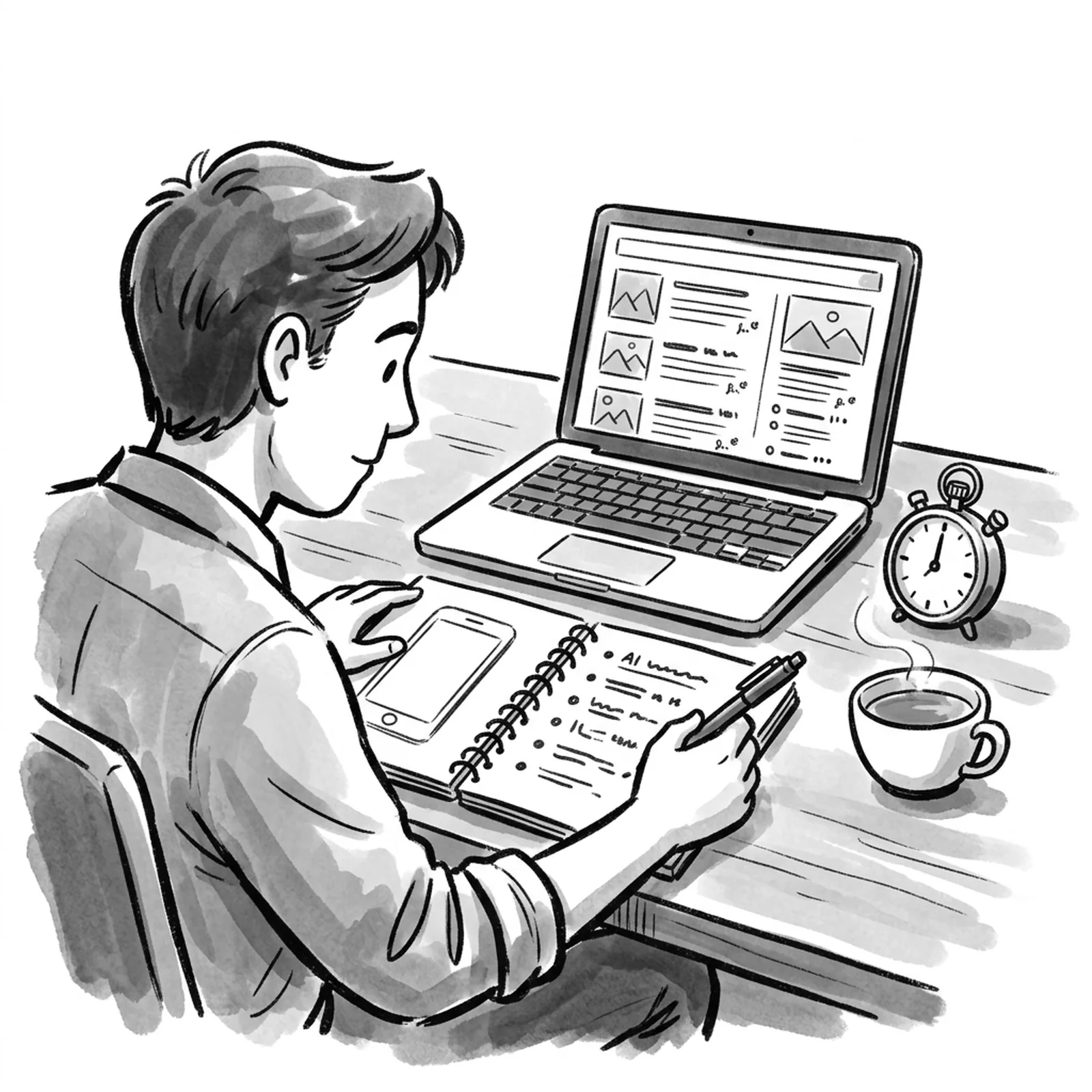 A candidate at a desk sketching a phone screen with an agent's step list in a notebook, a laptop showing search results and a stopwatch beside it