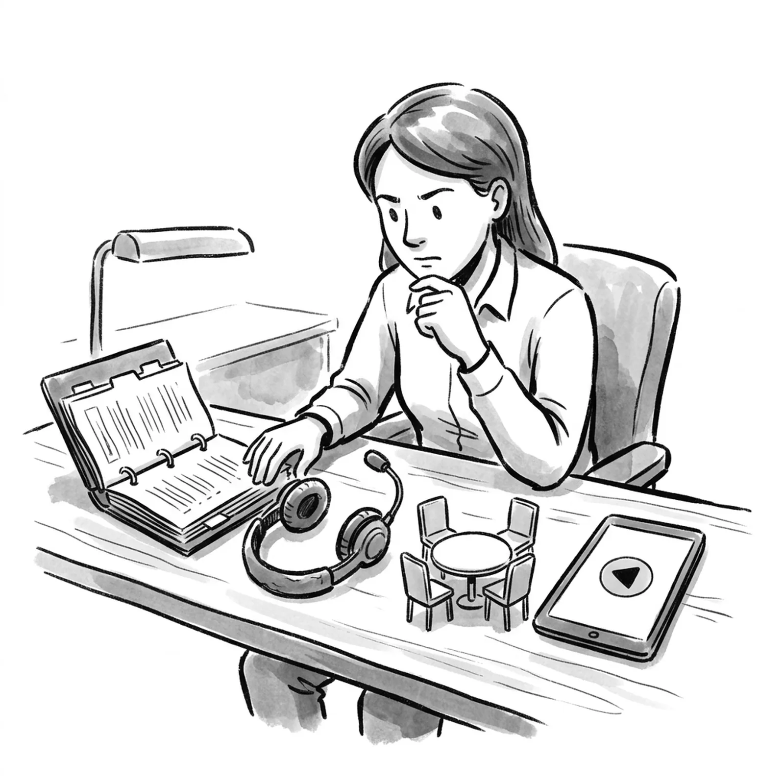 A product manager at a desk choosing between study tools laid out in a row: a binder of printed questions, a headset, empty chairs around a table and a tablet