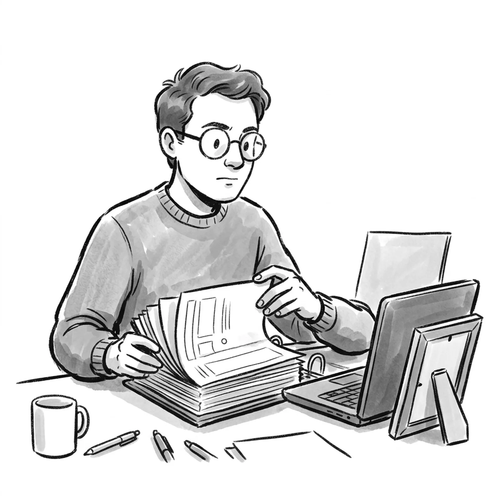 A product manager at a desk turning the pages of a thick binder of practice questions, with a framed certificate leaning against a laptop beside it