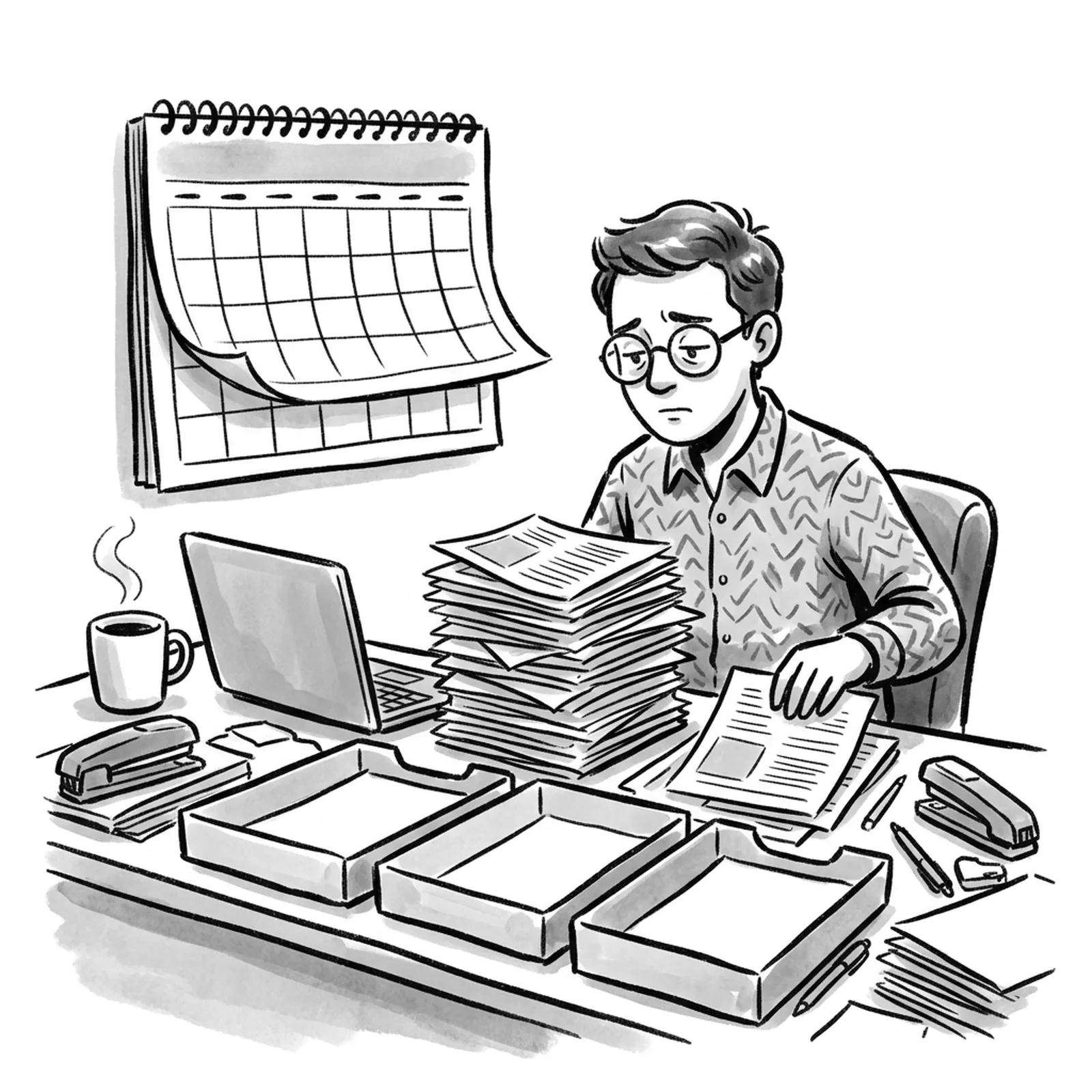 A product manager at a cluttered desk on a Monday morning sorting a stack of news clippings into trays, a wall calendar turning over to a new month