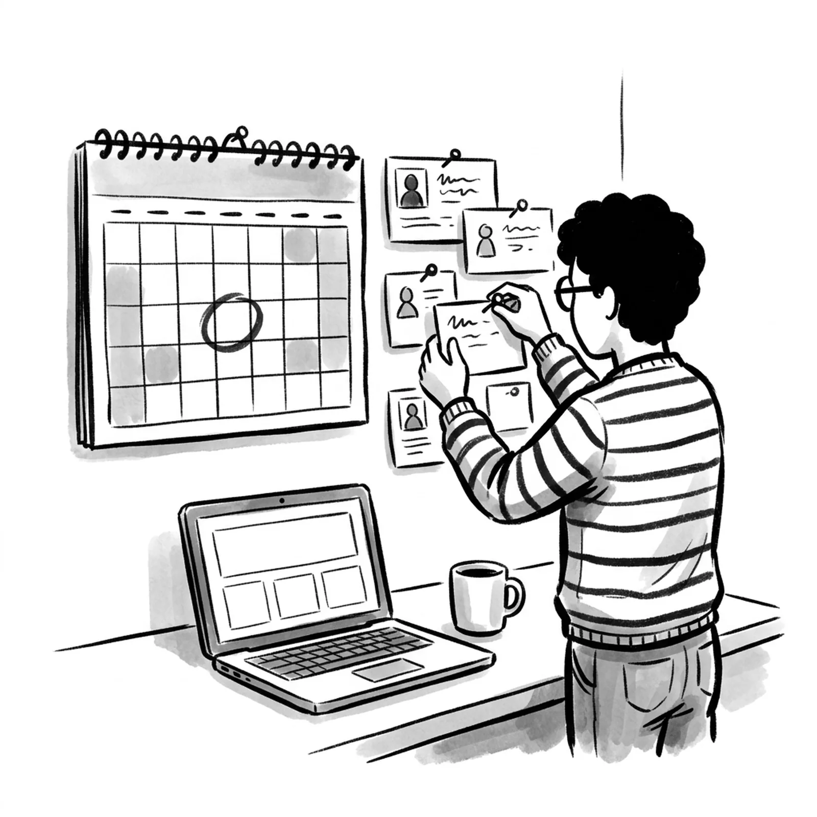 A wall calendar with one month circled and a product manager pinning index cards of interview notes beside it, a laptop and coffee mug on the desk below