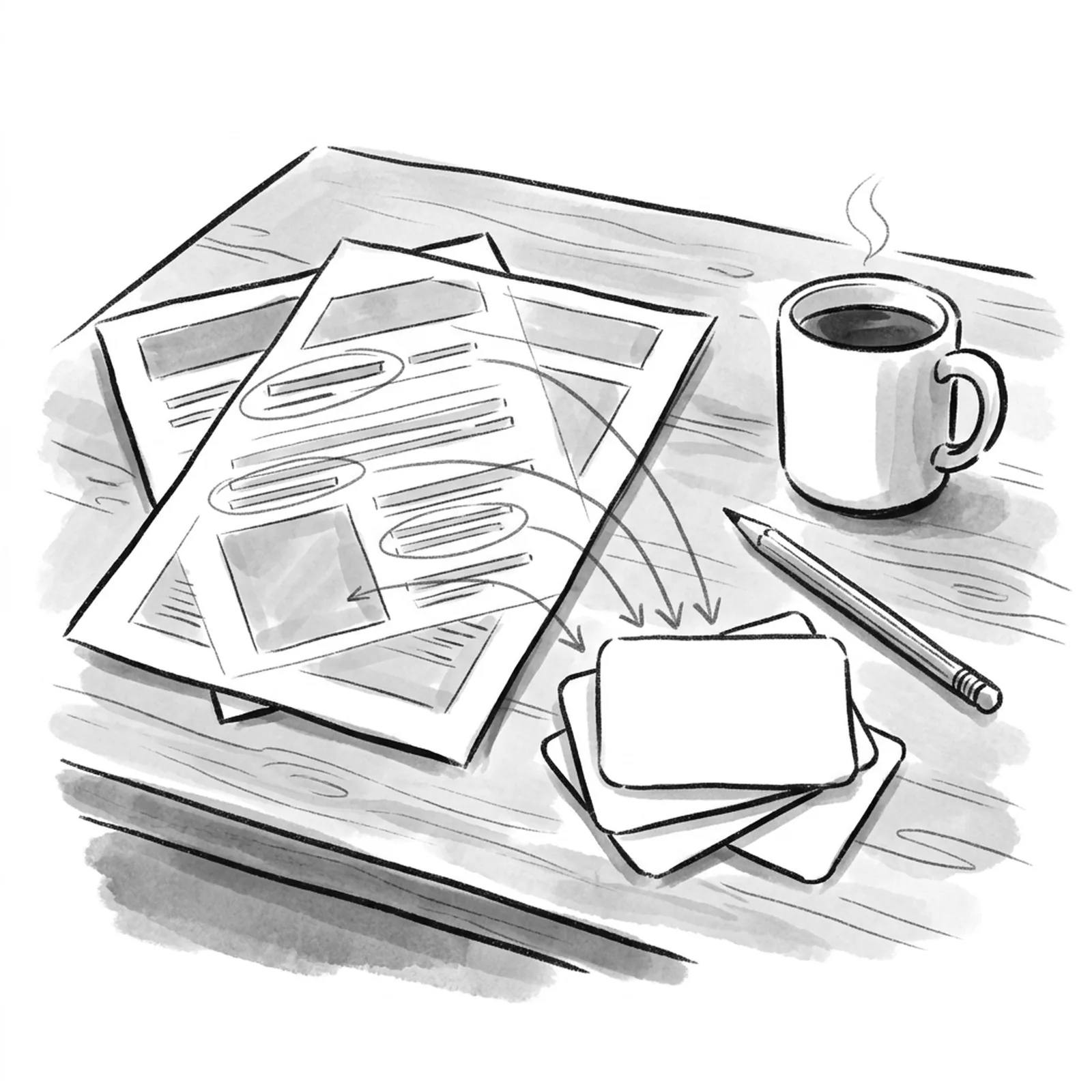 A job posting printed on paper with lines circled in pencil, arrows running from each circled line to a stack of index cards, each card holding a handwritten question