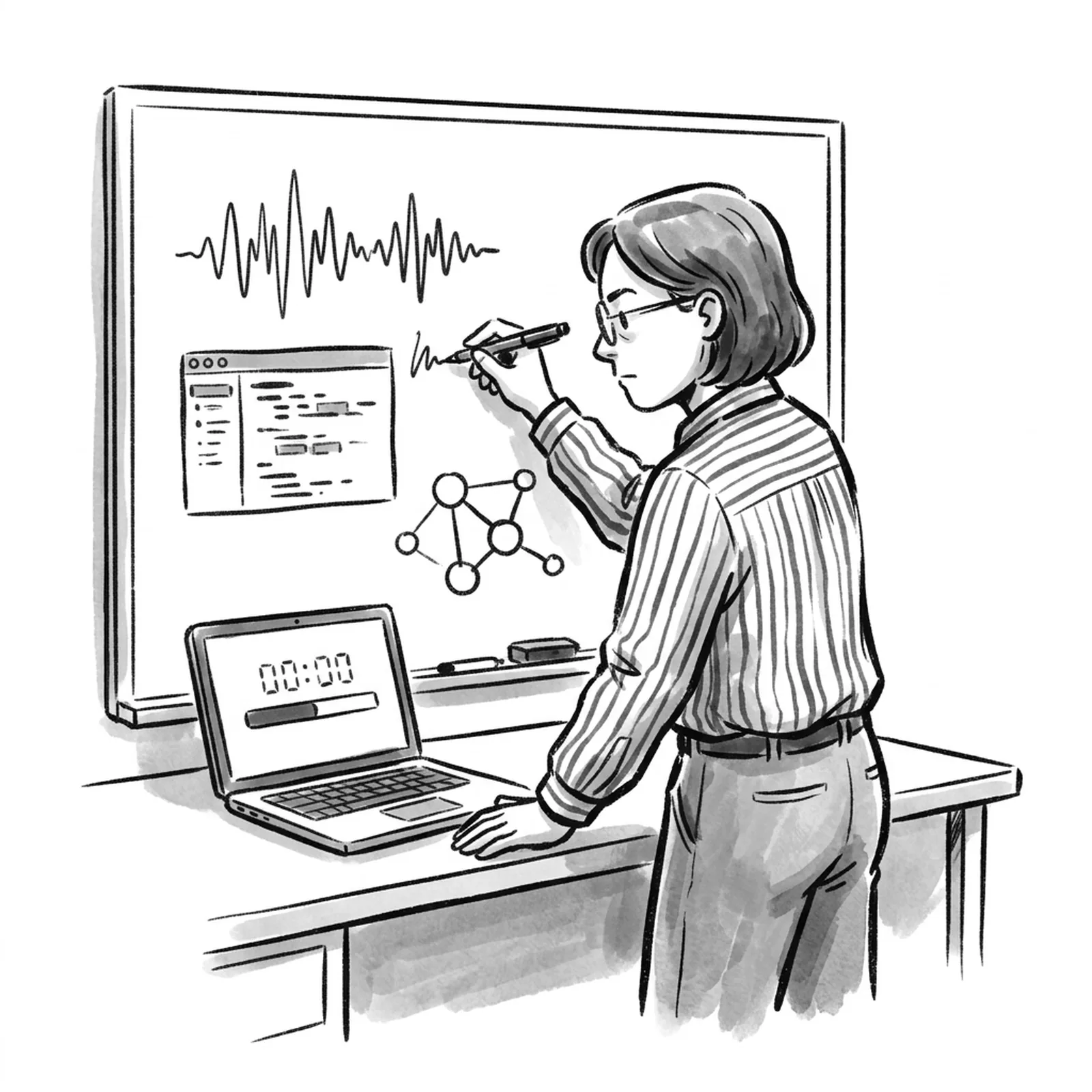 A product manager in a small startup office sketches a voice waveform, a code editor window and a web of connected nodes on a whiteboard, a laptop beside her showing a practice interview timer