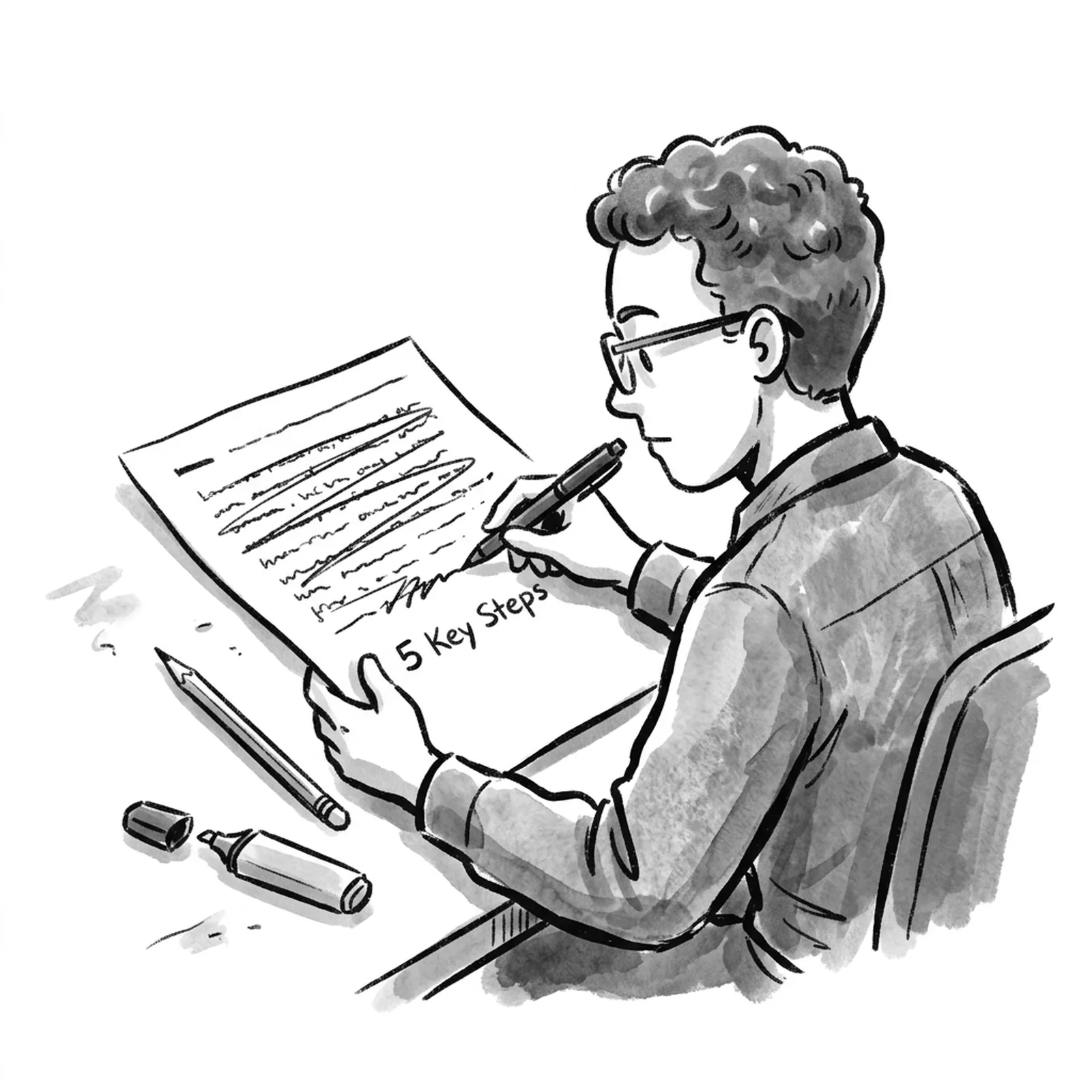 A product manager at a desk crossing out a long sentence on a printed page and writing a short line with a number beside it