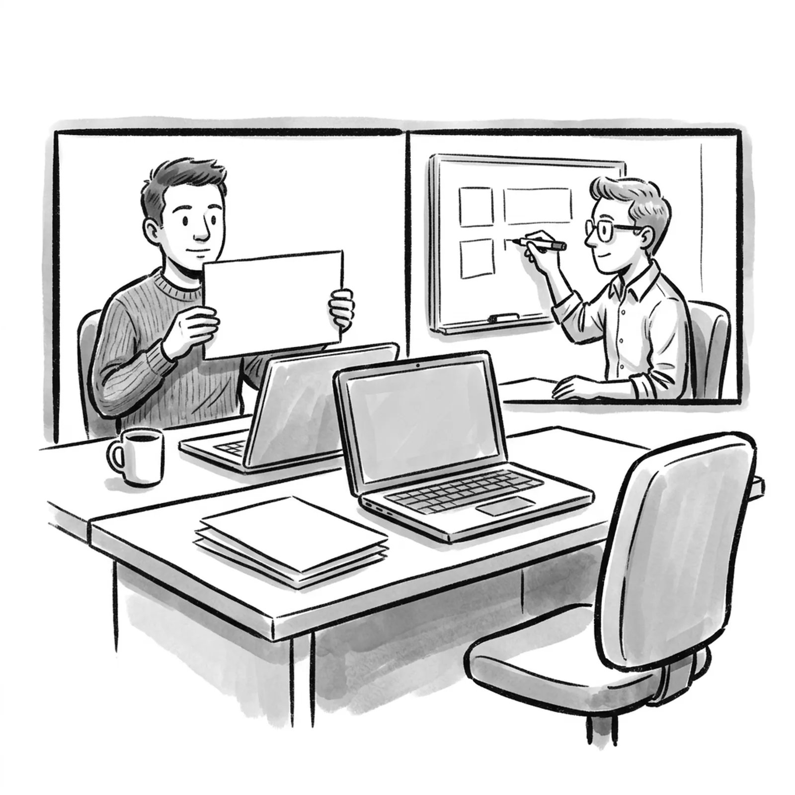 Two product managers on a video call sit across a split screen, one asking from a blank card while the other sketches on a whiteboard, with an empty third chair beside the desk