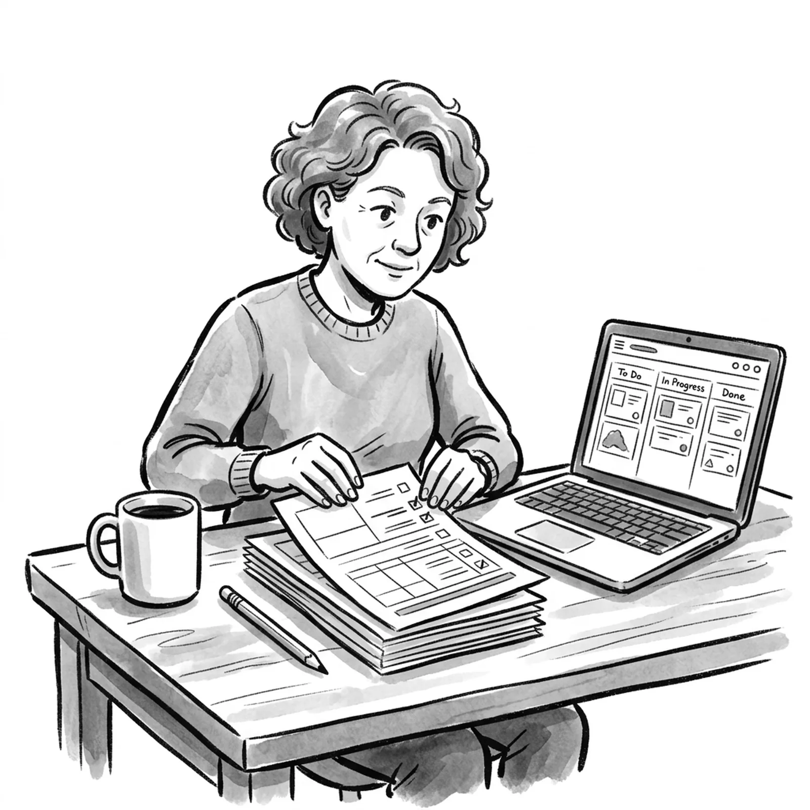 A product manager at a wooden desk lays out a stack of printed pages with ruled boxes, a pencil and a mug beside an open laptop