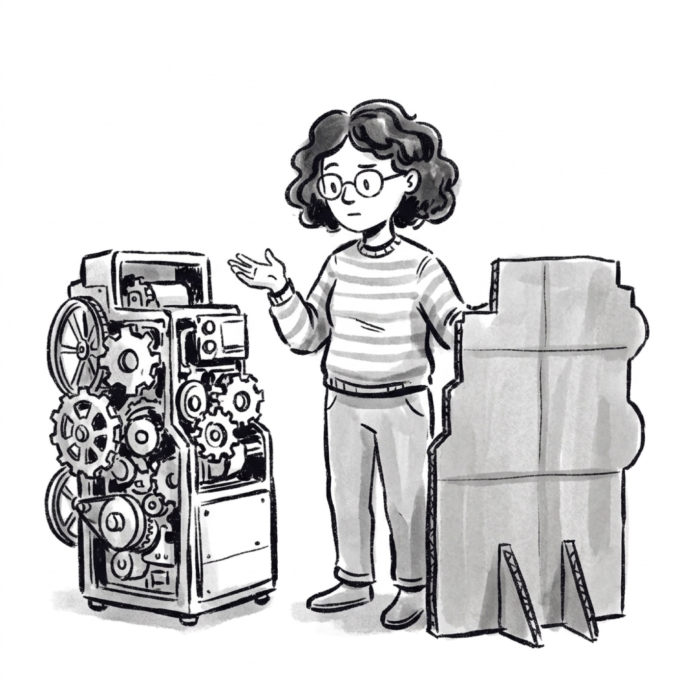 A complex machine full of gears next to a plain flat cardboard cutout of the same machine