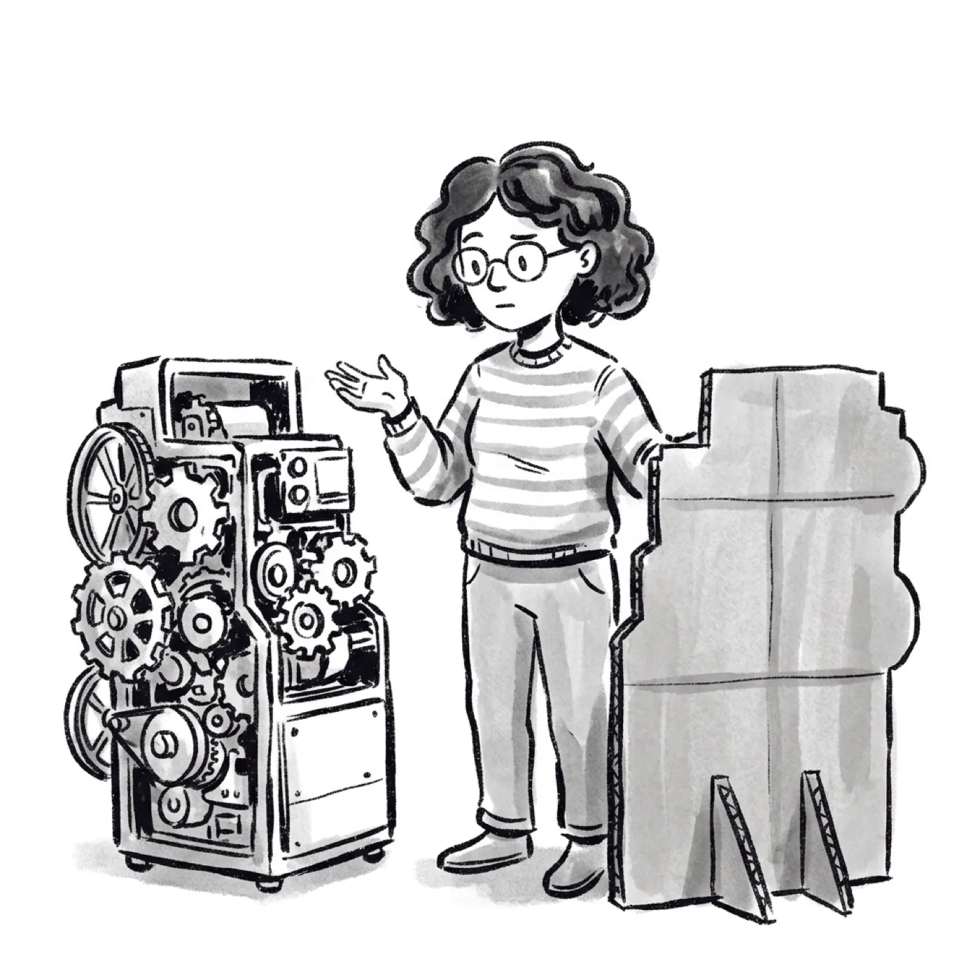 A complex machine full of gears next to a plain flat cardboard cutout of the same machine