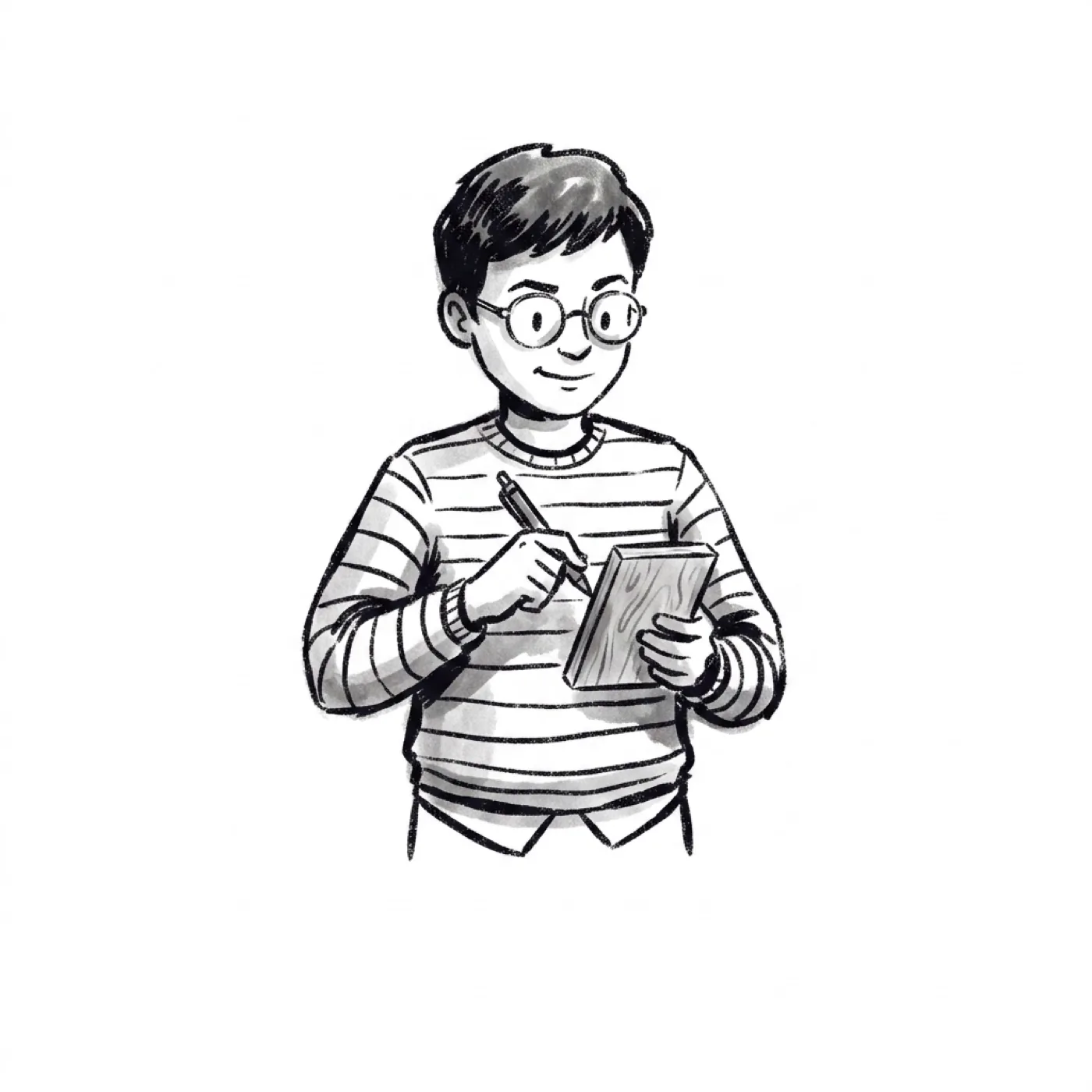 A product manager pulls a plain rectangular block of wood from a shirt pocket and taps it with a pen