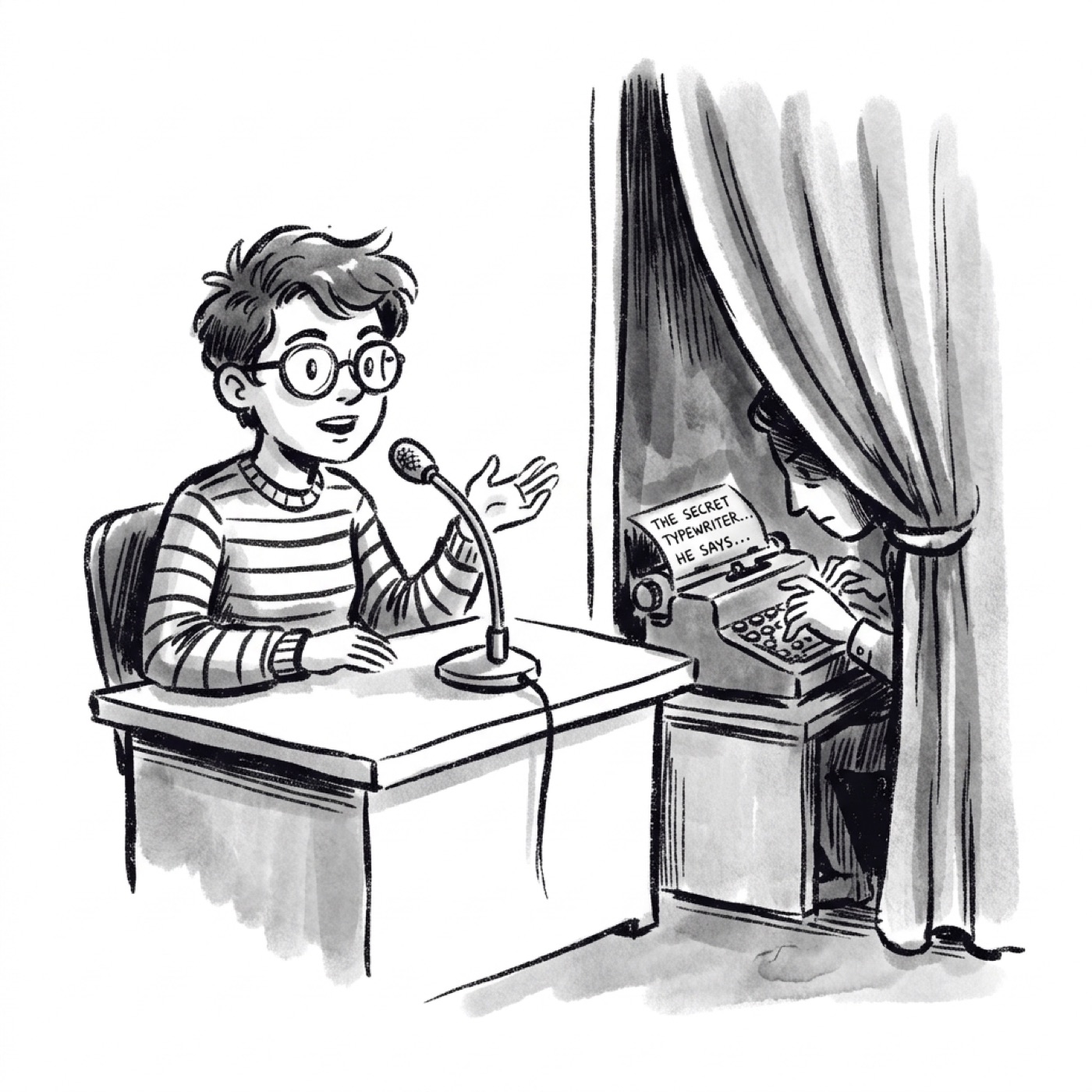 A product manager speaks into a desk microphone while a hidden typist behind a curtain secretly types the words