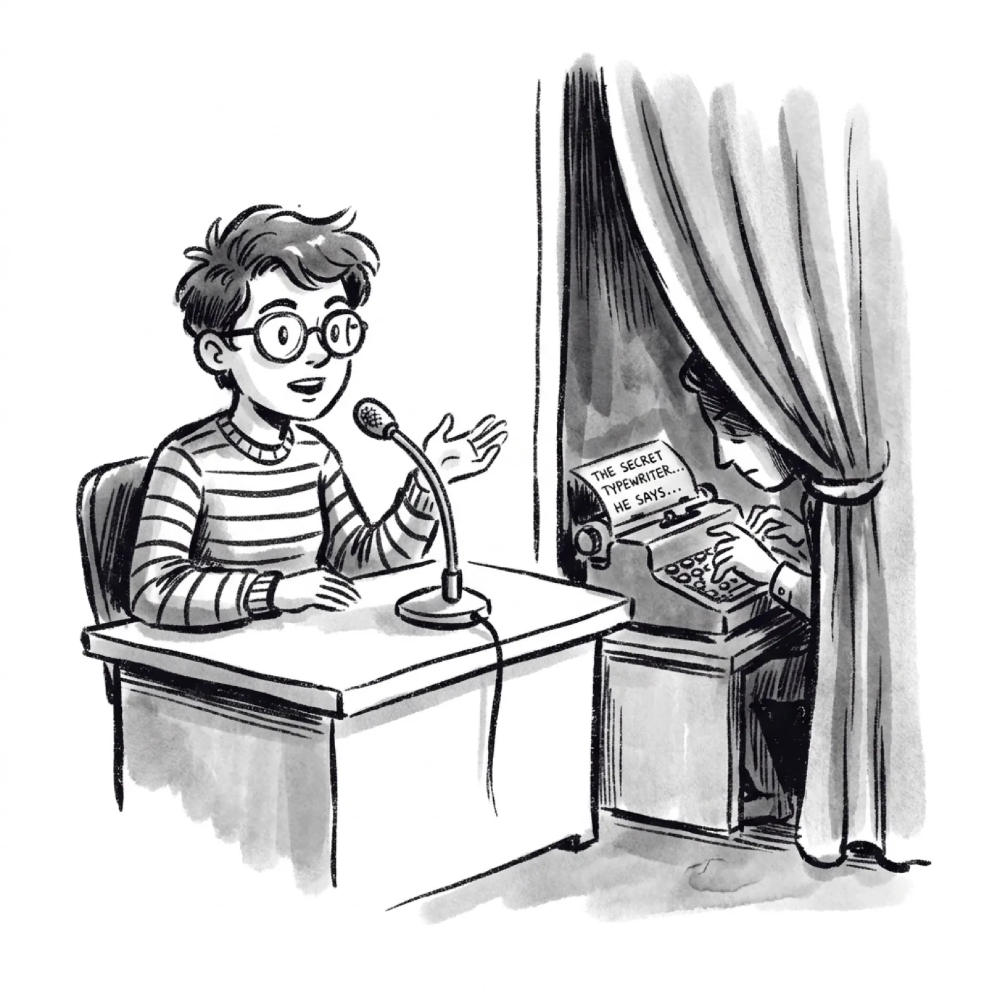 A product manager speaks into a desk microphone while a hidden typist behind a curtain secretly types the words