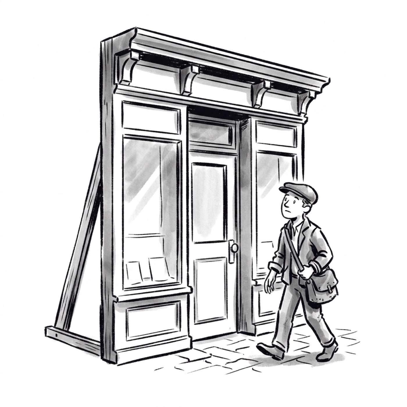 A fake storefront facade propped up like a movie set, with a curious customer walking toward its door