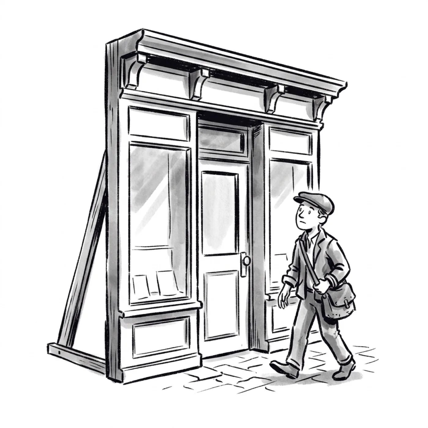 A fake storefront facade propped up like a movie set, with a curious customer walking toward its door