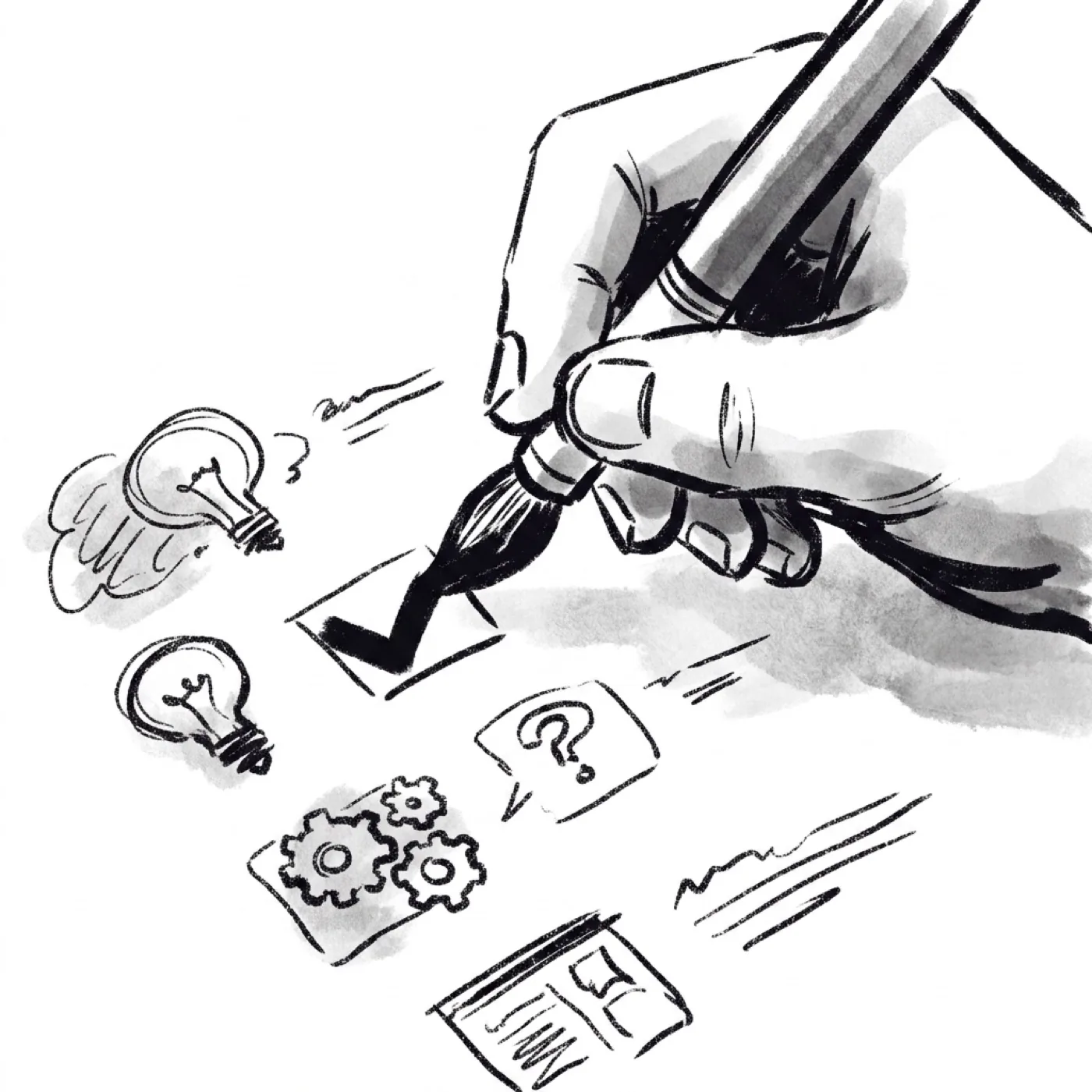 An extreme close-up of a hand placing a checkmark next to one chosen idea among rough sketches