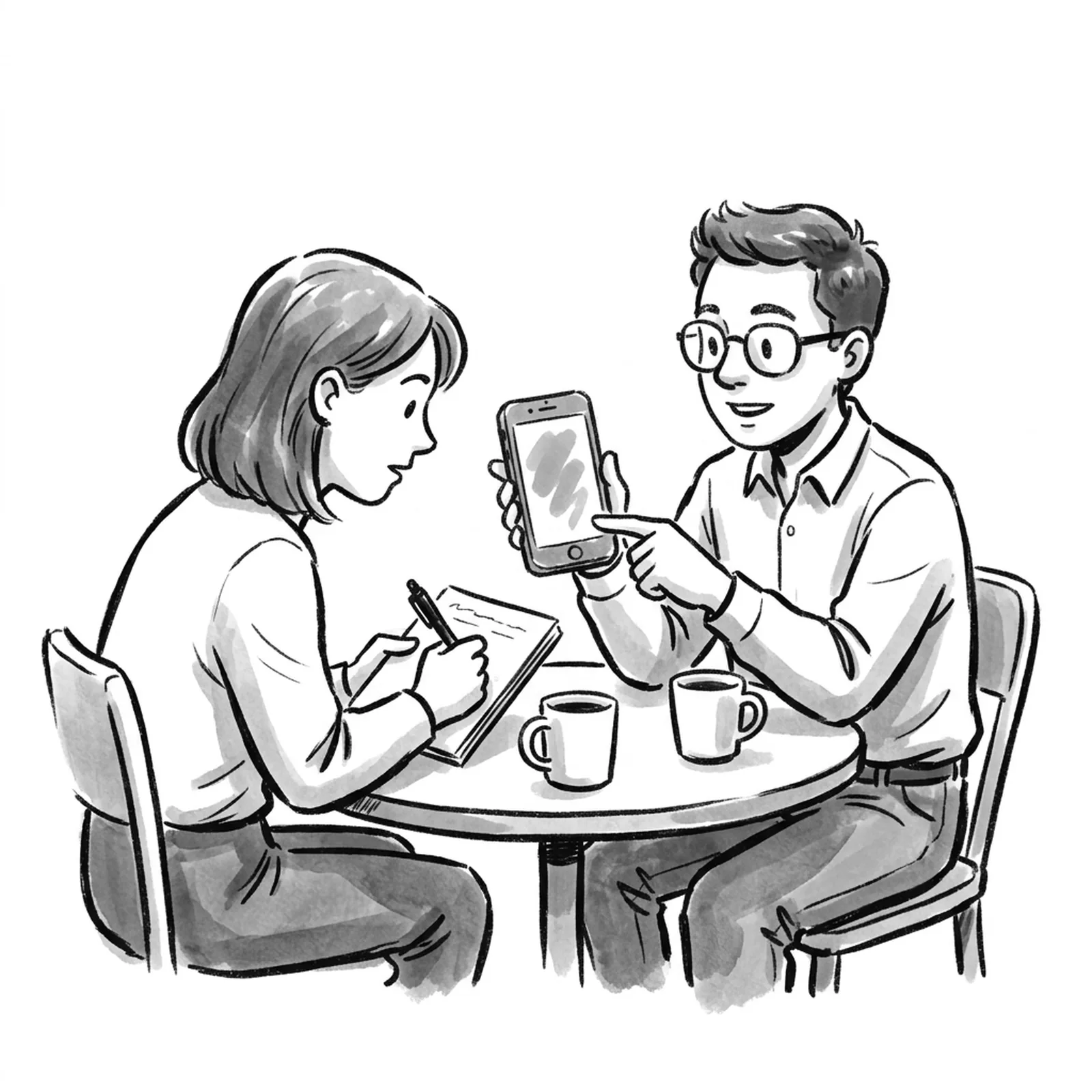A product manager at a cafe table holds up a well worn phone and points to one corner of its screen while an interviewer across the table leans in and takes notes
