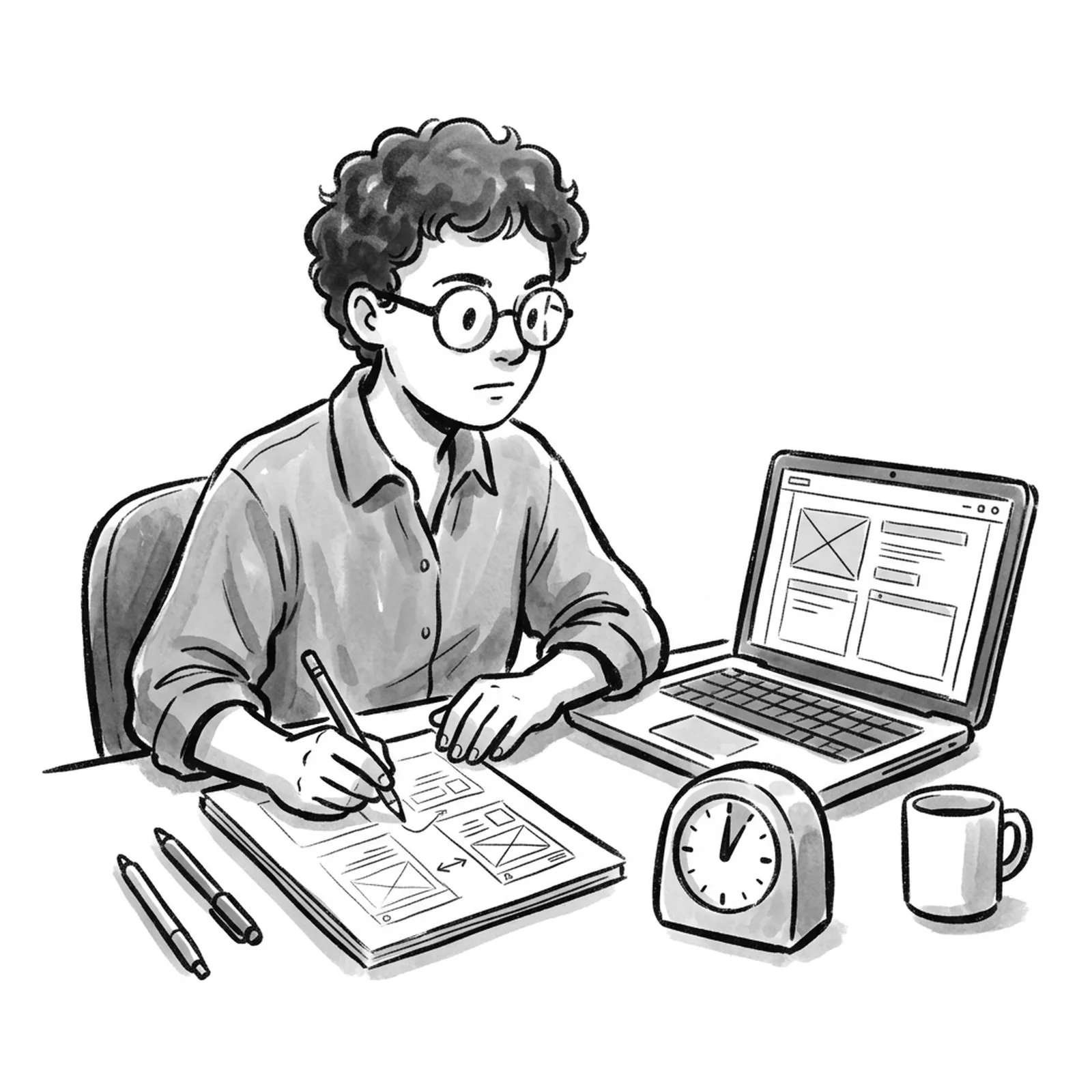 A product manager at a desk sketches app screens on paper on one side while a laptop on the other side shows a half-built prototype, a kitchen timer between them