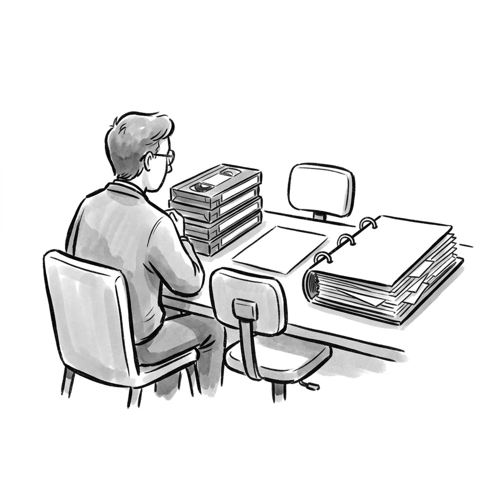 A product manager at a desk facing three objects in a row: a stack of video cassettes, two chairs set up for a practice interview, and a thick binder of question cards