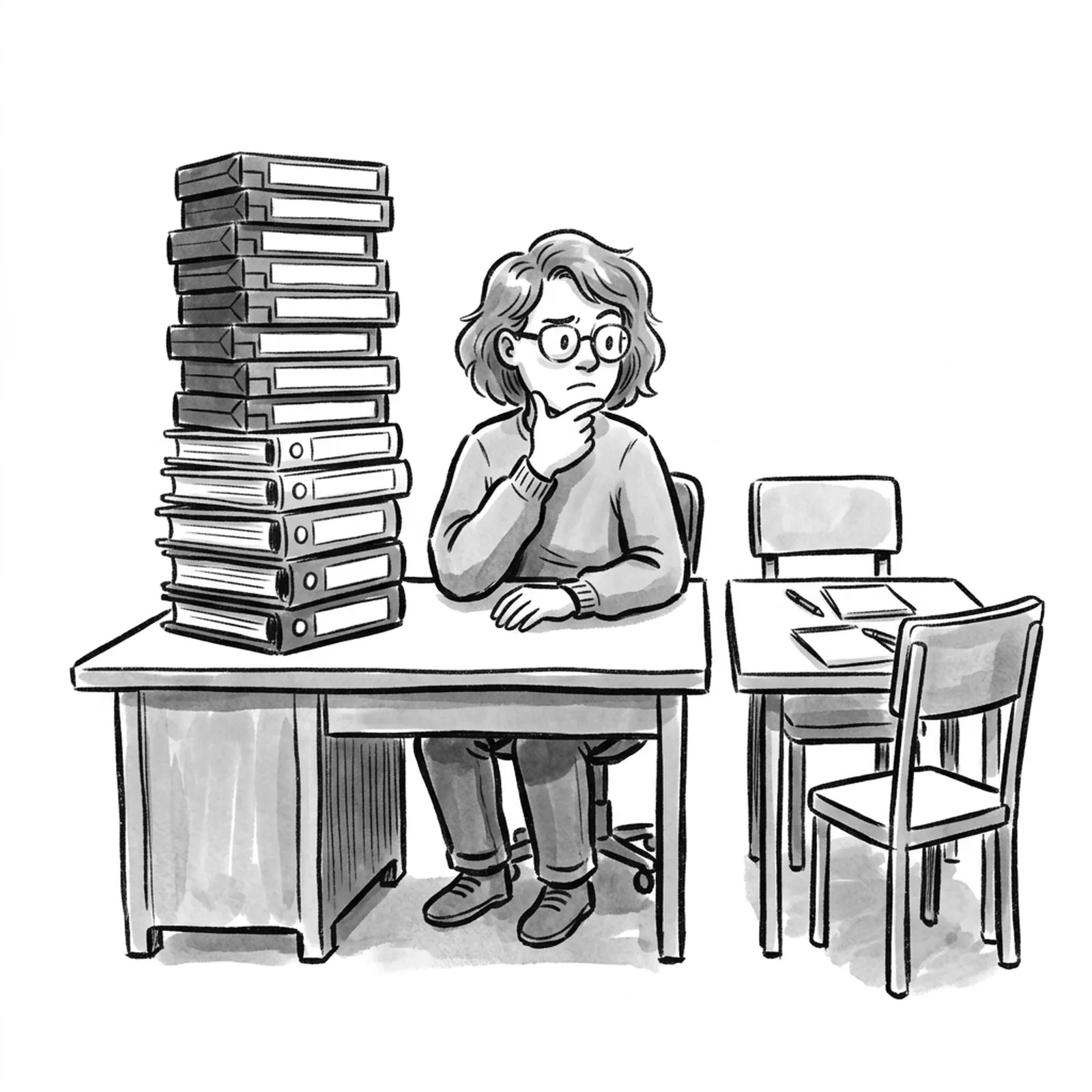 A product manager at a desk between a tall stack of labelled video tapes on one side and an empty chair facing a second chair on the other, ready for a practice interview