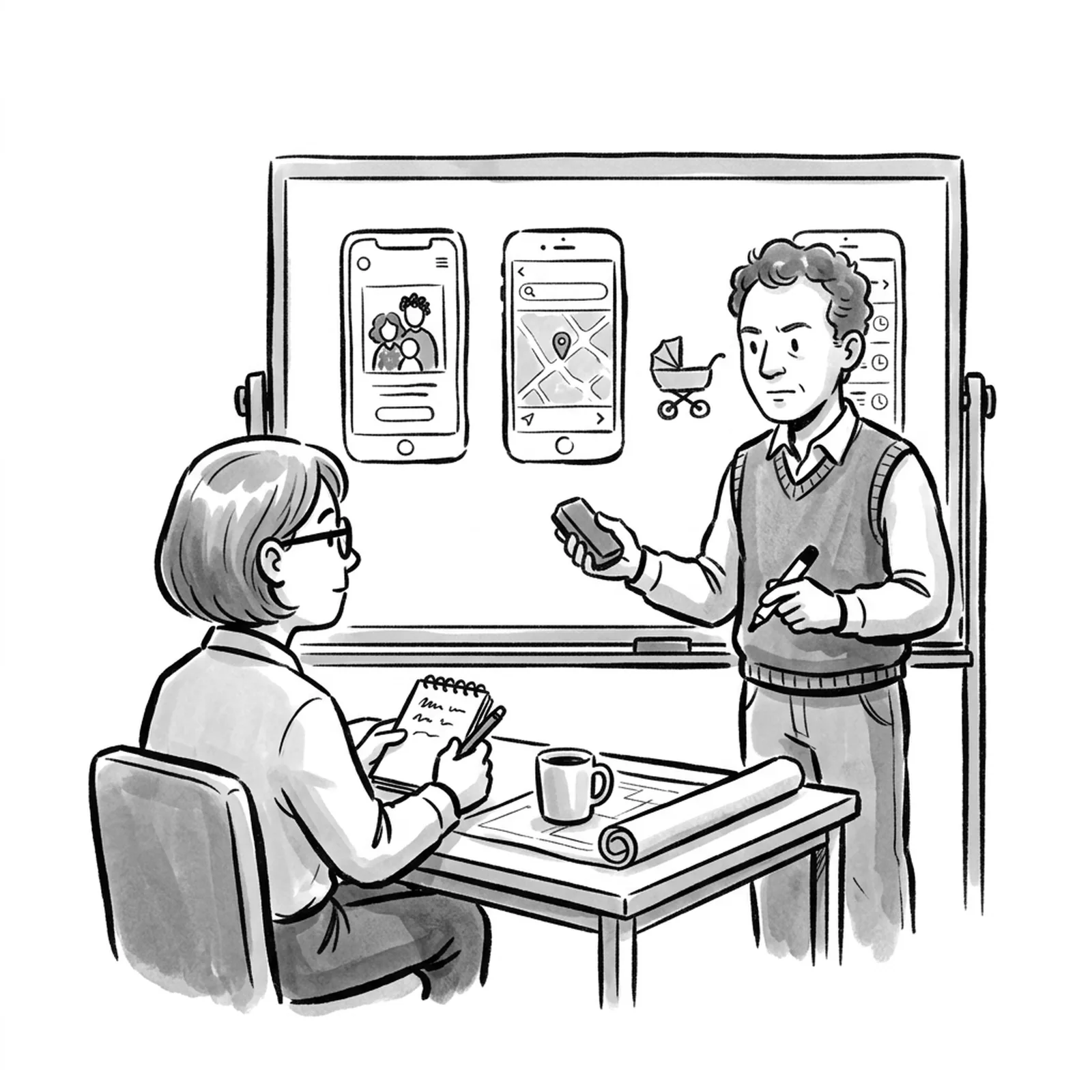 A product manager at a whiteboard sketches three rough app screens for a family travel planner while an interviewer across the table takes notes