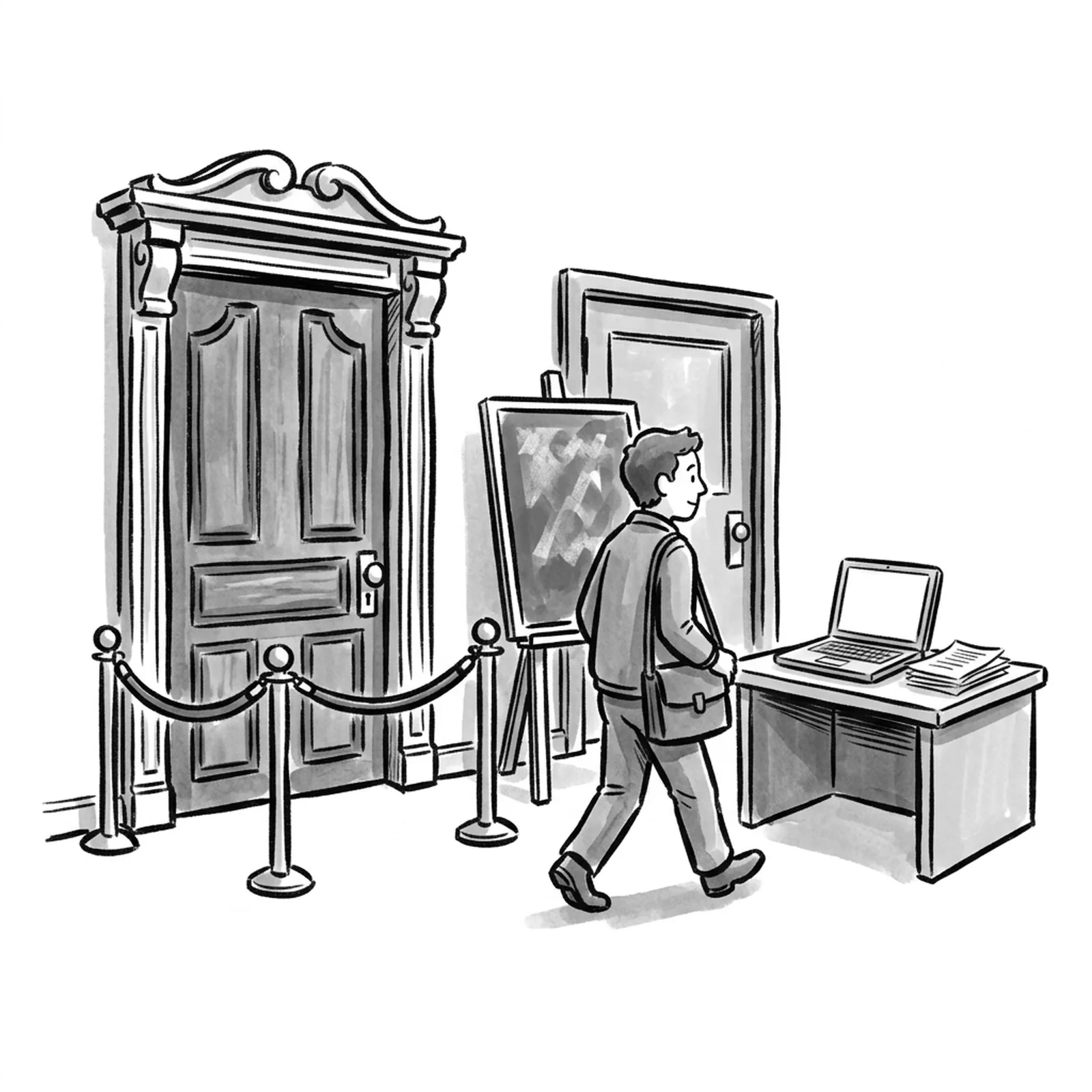 Two lecture hall doors side by side, one grand with a velvet rope and one smaller with a chalkboard easel, while a product manager walks past both toward a laptop on a small desk