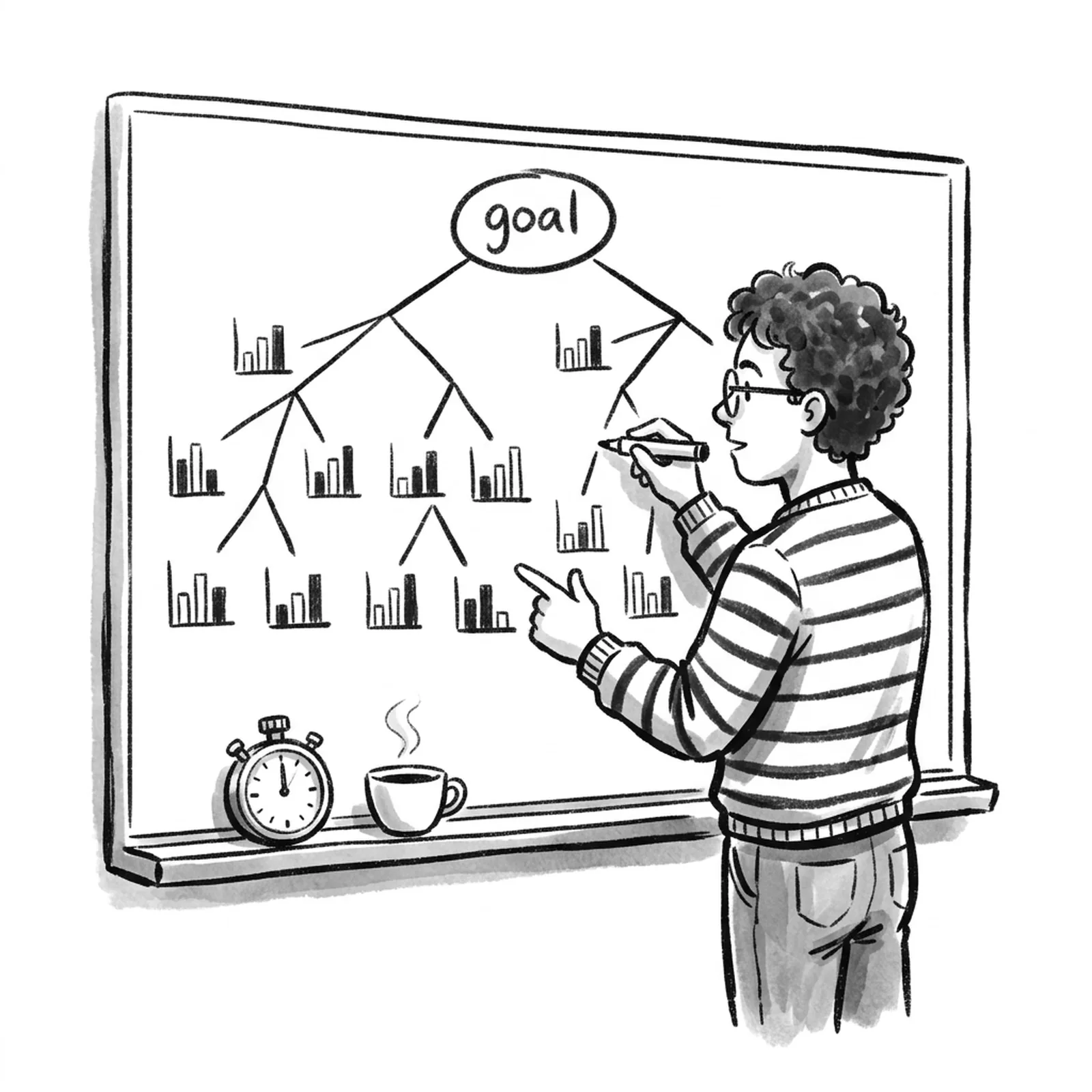 A product manager stands at a whiteboard sketching a tree of numbers branching from one circled goal, a coffee cup and a stopwatch on the ledge below