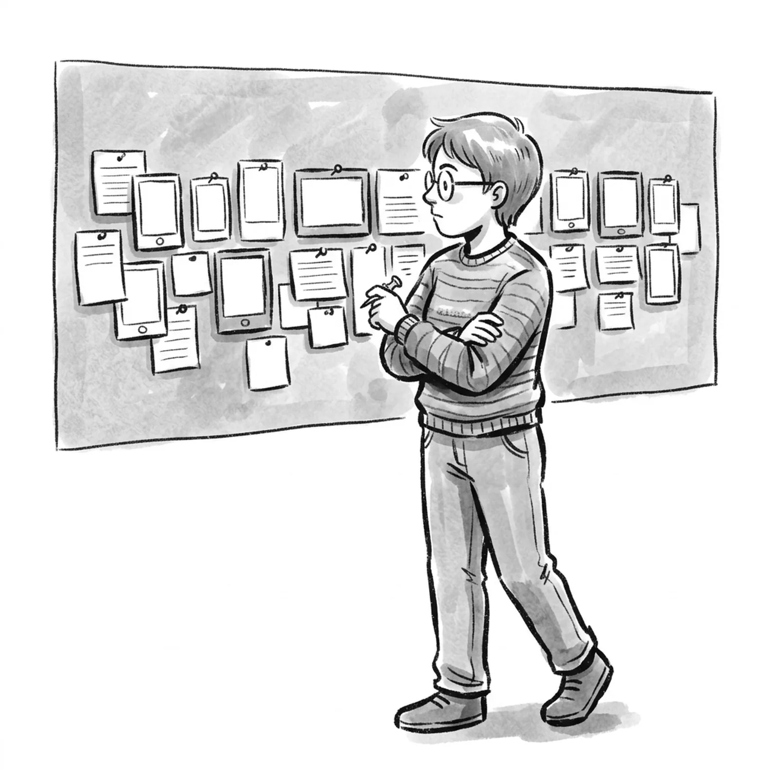 A product manager pinning a row of blank index cards and small blank screen printouts to a long corkboard wall, stepping back to look at how they read together