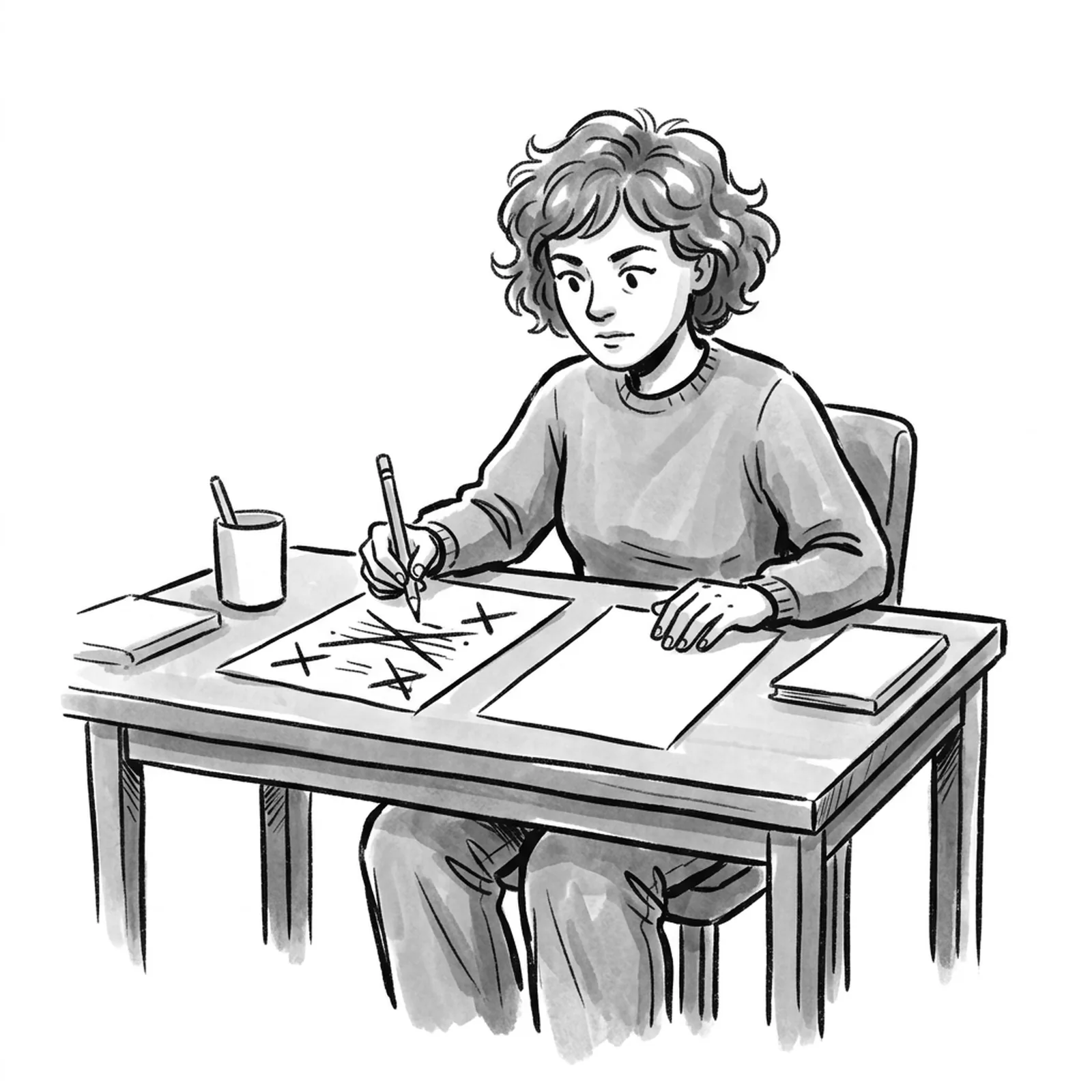 A product manager at a desk laying two blank sheets of paper side by side and moving a pencil between them