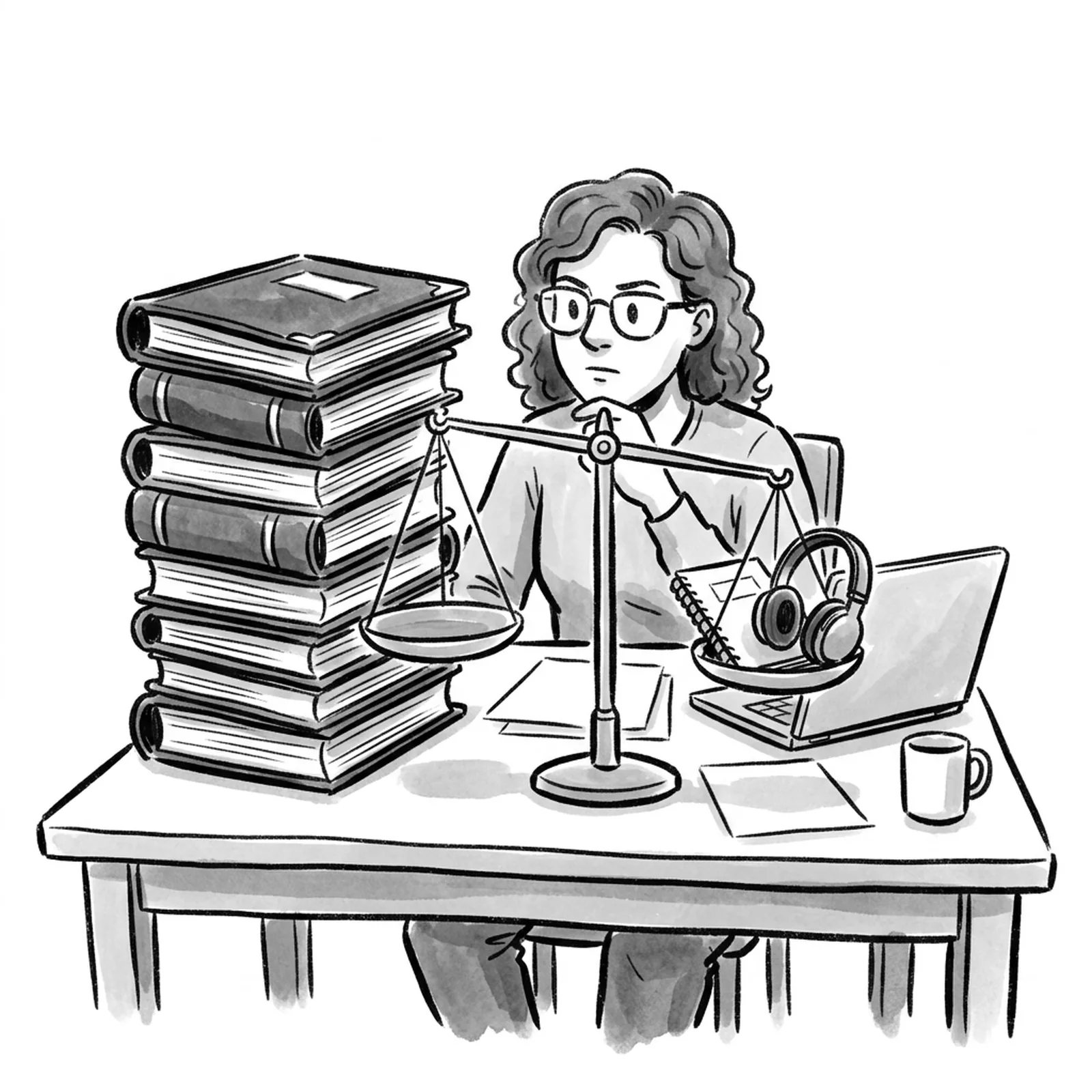 A product manager at a kitchen table with a balance scale between a heavy stack of bound binders and a slim notebook, laptop and headphones, the scale tipping toward the lighter side