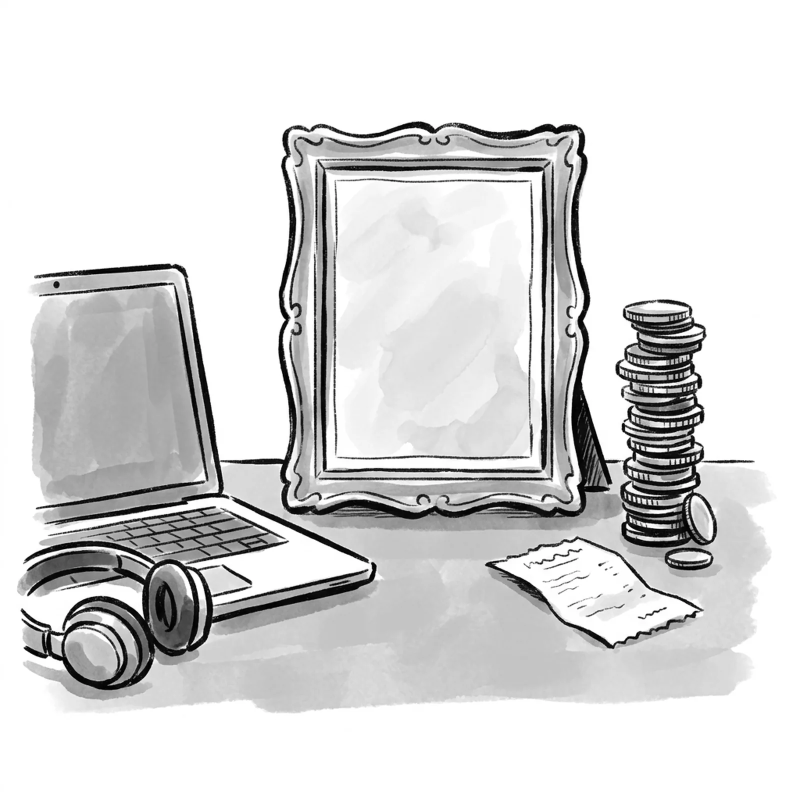 A framed blank certificate on a desk beside a tall stack of coins and a small receipt, with a laptop and headphones on the other side