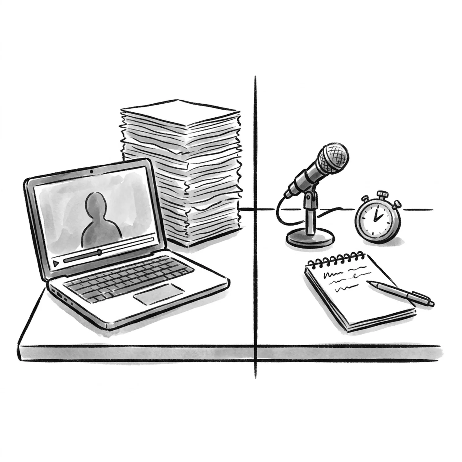 A laptop playing a long video lecture on one side of a desk and a small microphone with a stopwatch on the other side