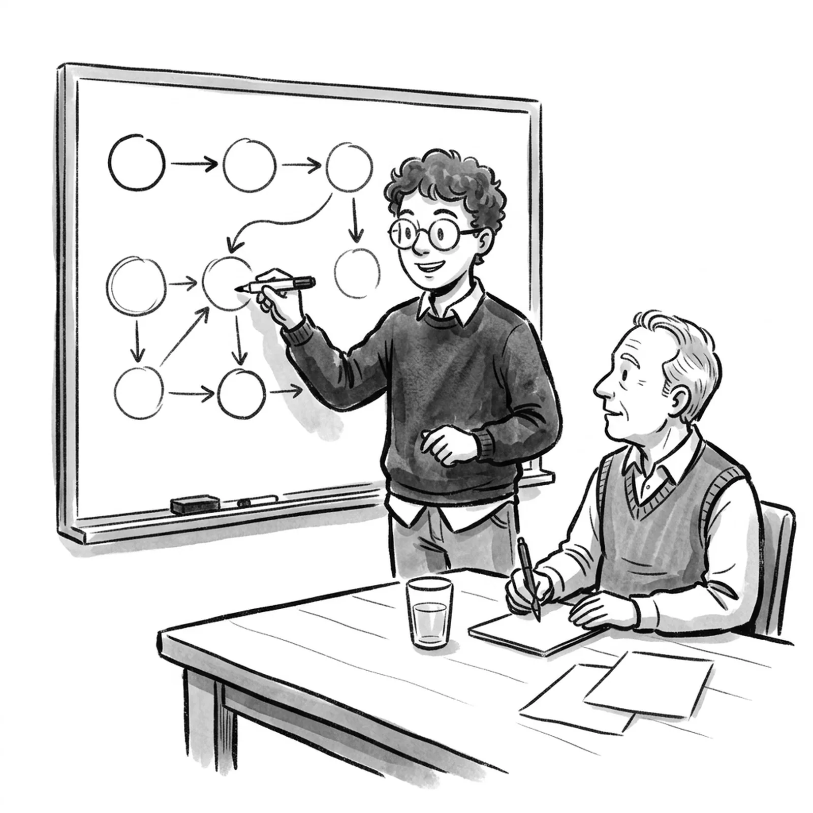 A product manager sketches a simple user journey on a whiteboard while an interviewer listens