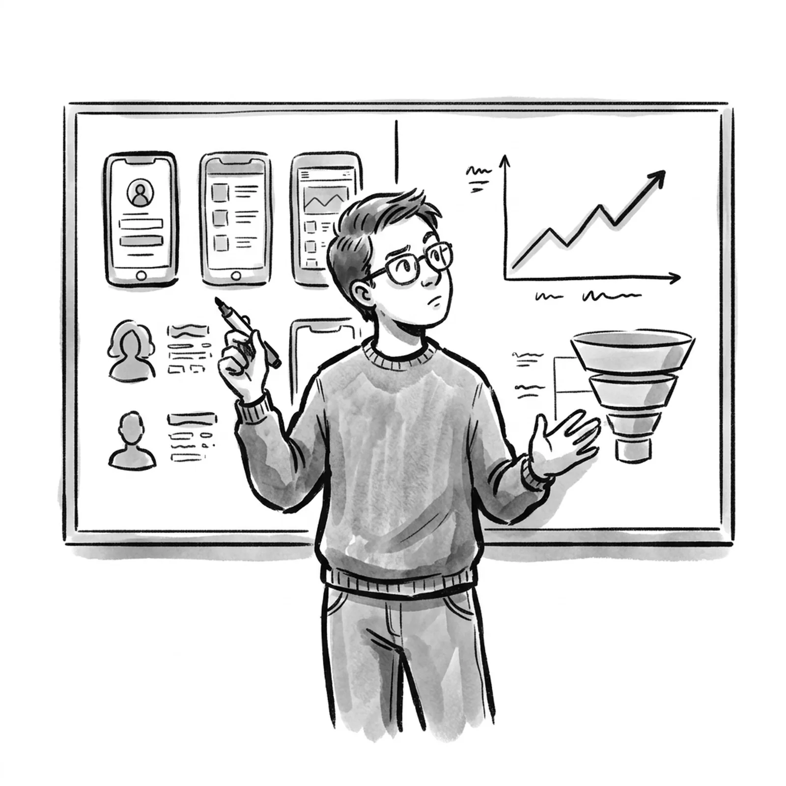 A product manager at a whiteboard split down the middle, phone screen sketches and user personas on one side, line graphs and a funnel on the other