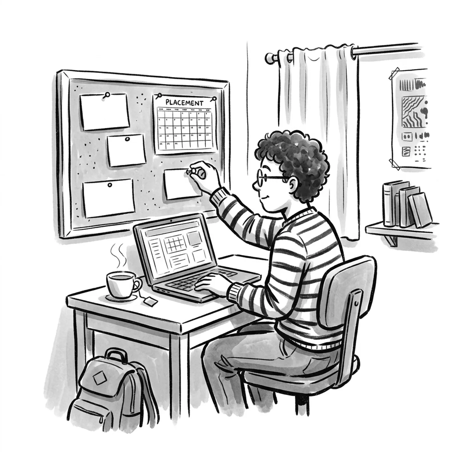 A final-year student in a hostel room pins four index cards to a corkboard beside a placement calendar, a laptop open on the desk and a cup of chai going cold
