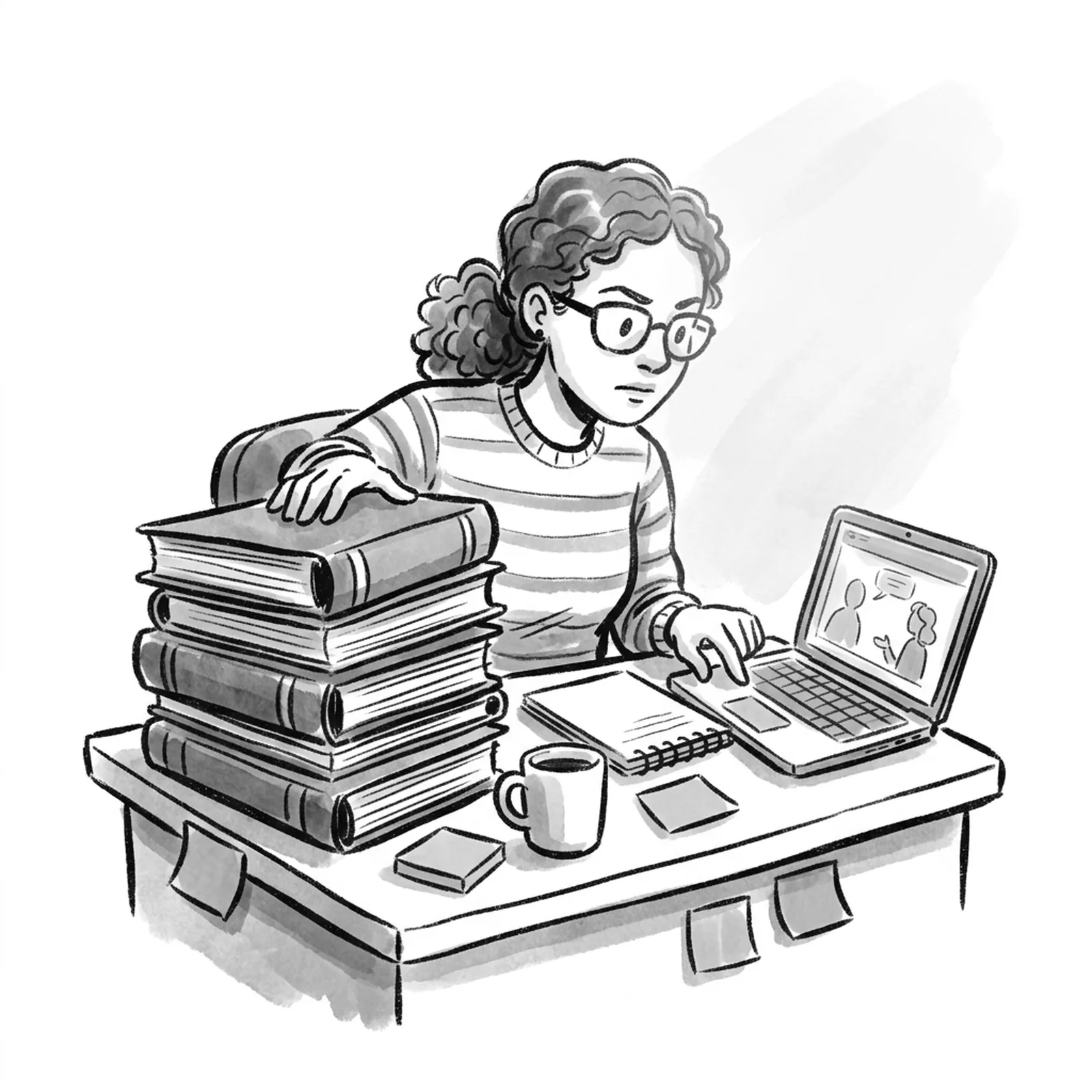 A product manager at a desk choosing between a tall stack of bound course binders and a slim notebook beside a laptop showing a practice interview