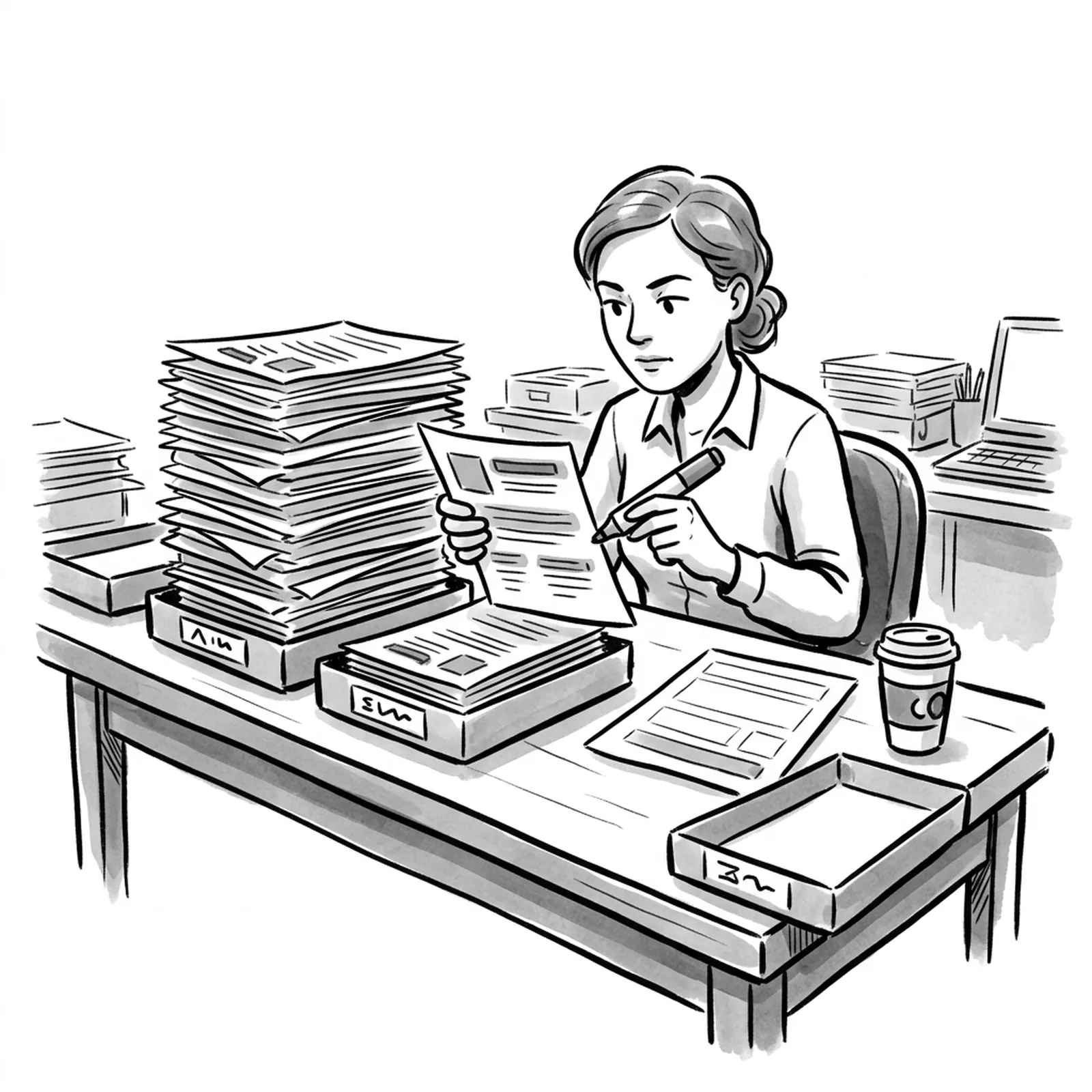 A hiring manager at a long desk sorts a tall stack of printed job postings into labelled trays, highlighting lines on one page while a blank template sheet waits beside a coffee cup