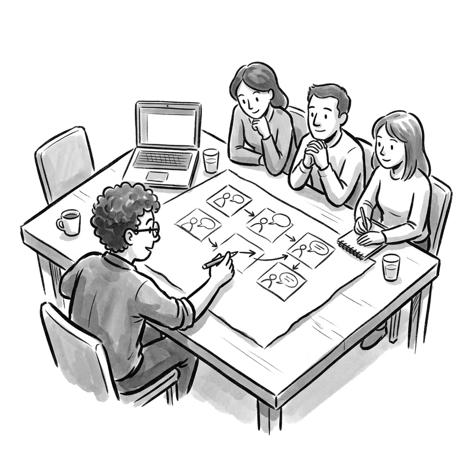 A product manager sitting across a table from a customer team, sketching a support conversation flow on a large sheet of paper between them, a laptop showing a chat window to one side