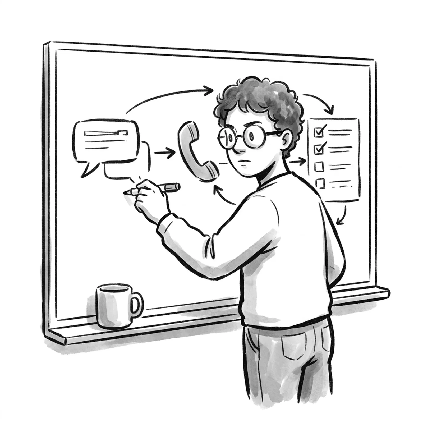 A product manager at a whiteboard sketching a customer support conversation flow with arrows between a chat bubble, a phone and a checklist