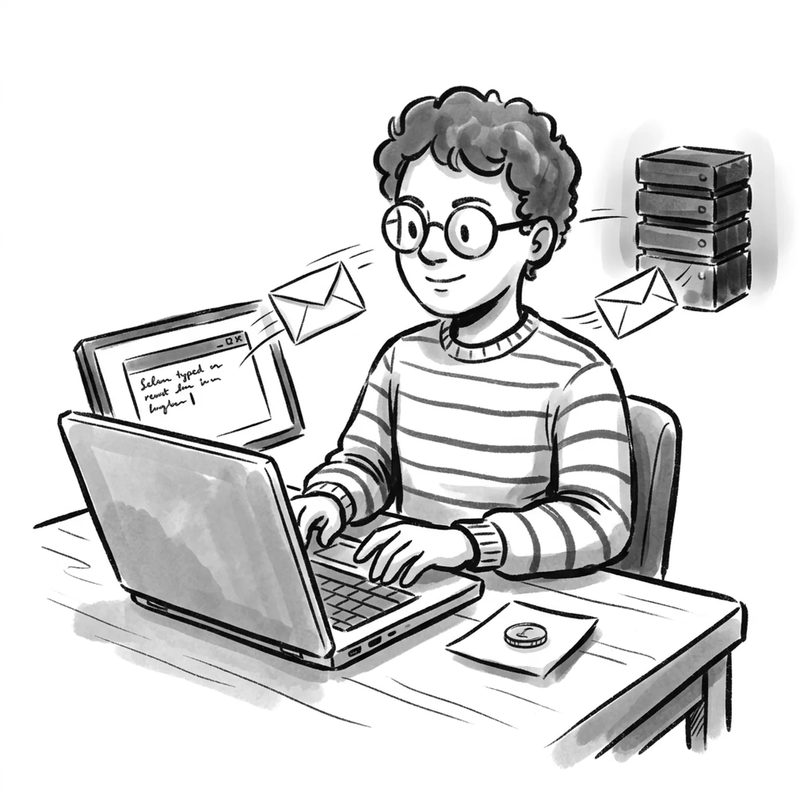 A product manager at a desk types a short request into a terminal on a laptop while a paper envelope flies toward a distant server rack and a reply envelope returns