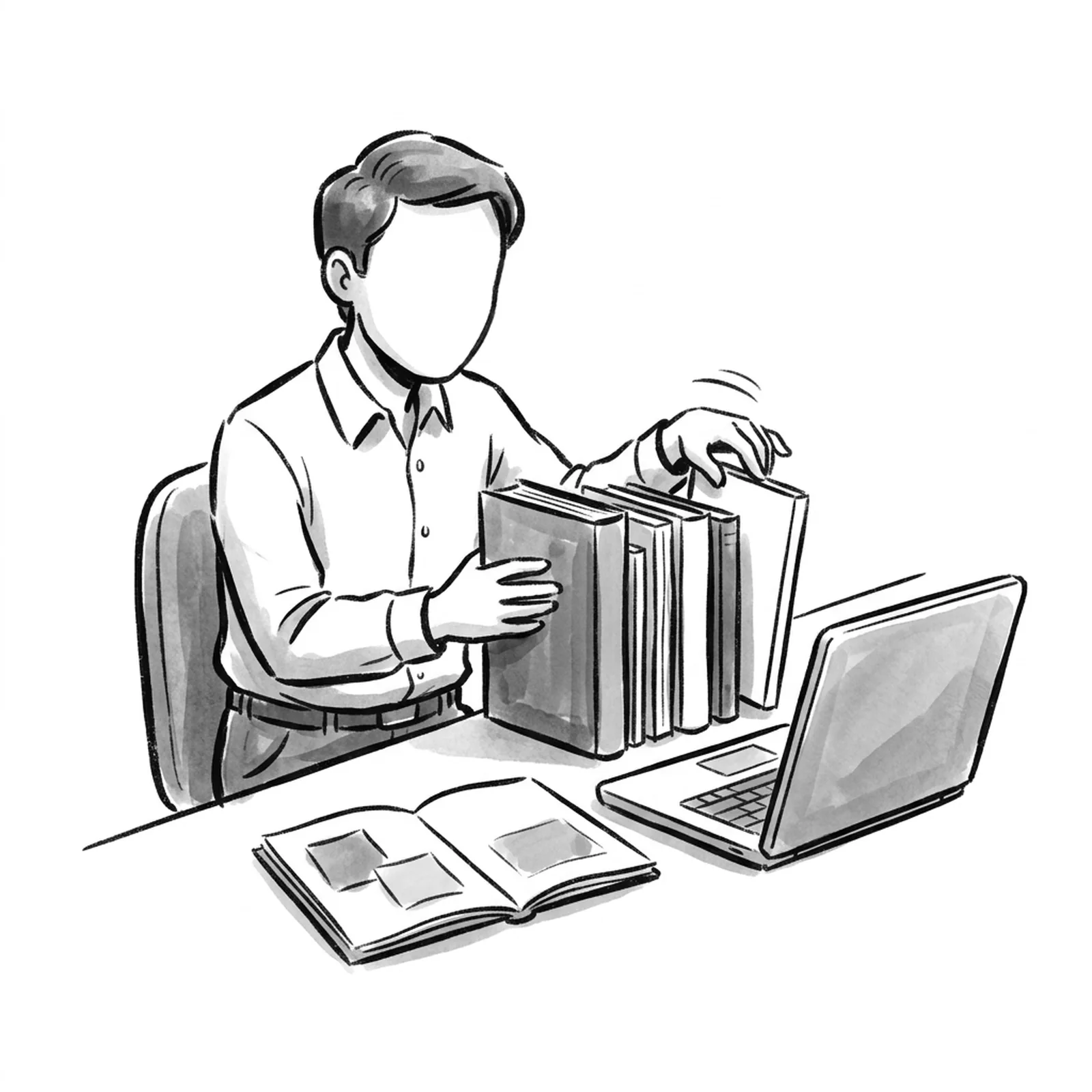 A product manager at a desk sorting a row of course brochures of very different thickness beside an open laptop and a notebook of sticky notes