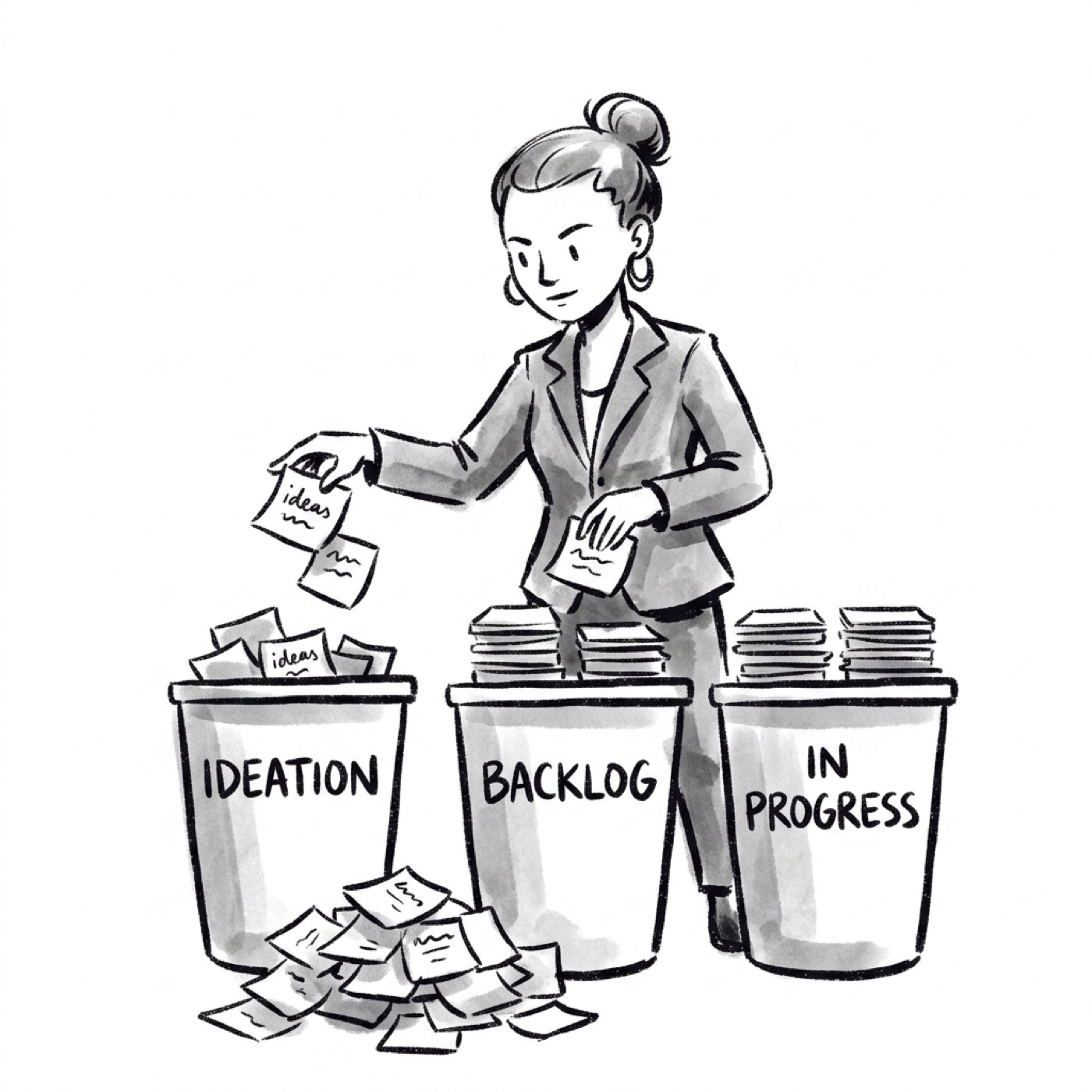 Sorting sticky notes into three labeled bins